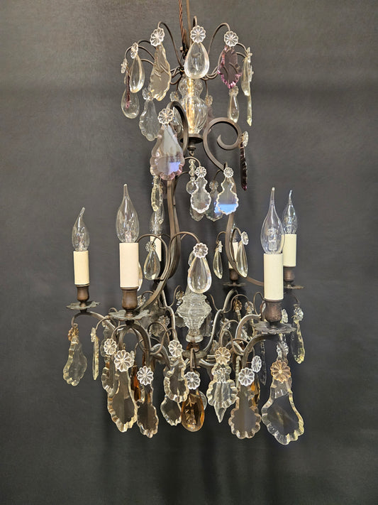 6-Arm French Chandelier With Coloured Glass