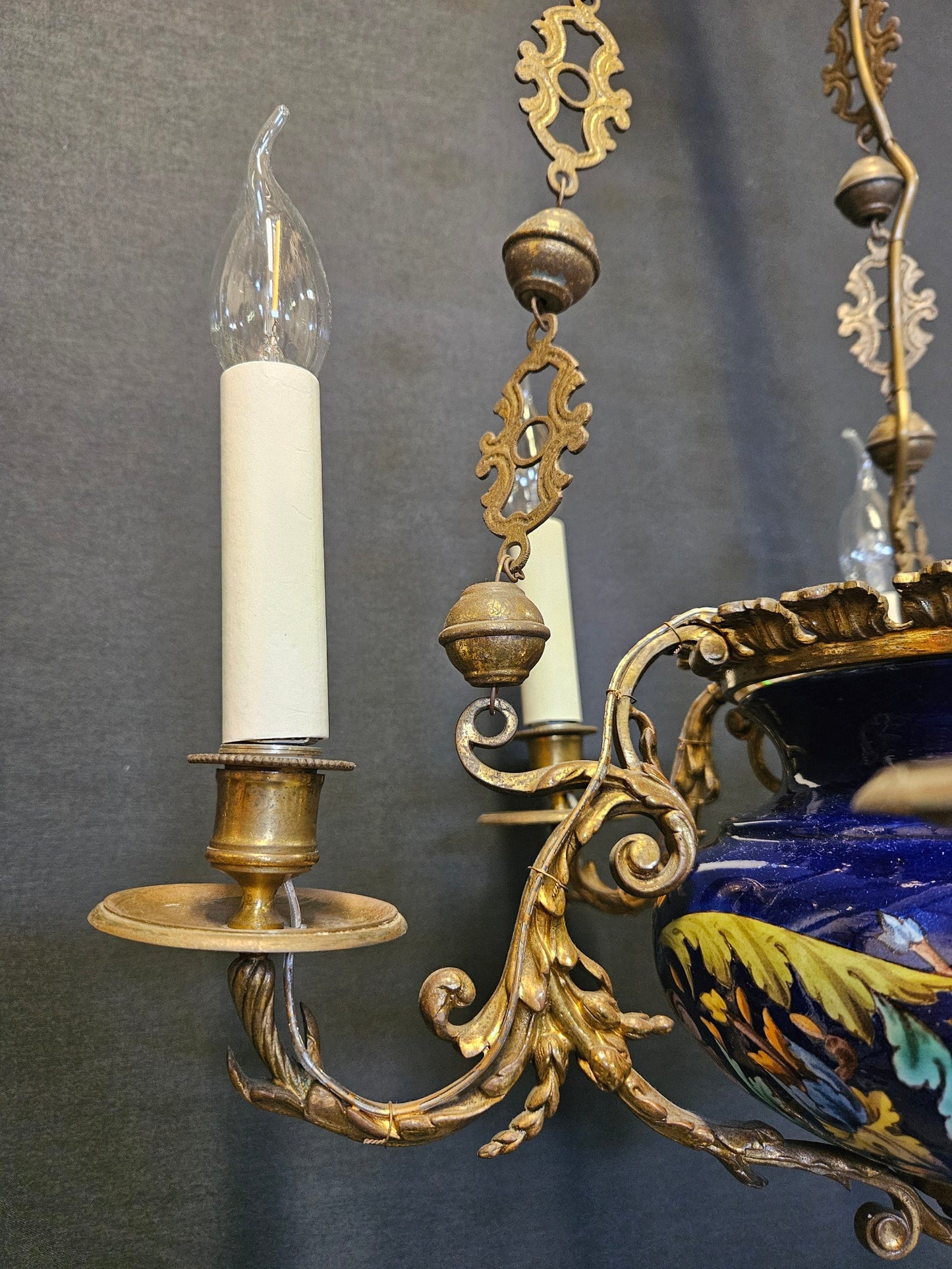6-Arm French Ceramic Bowl Chandelier, CA. 1900
