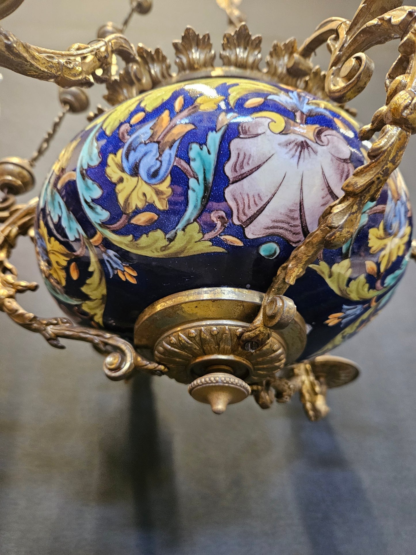 6-Arm French Ceramic Bowl Chandelier, CA. 1900