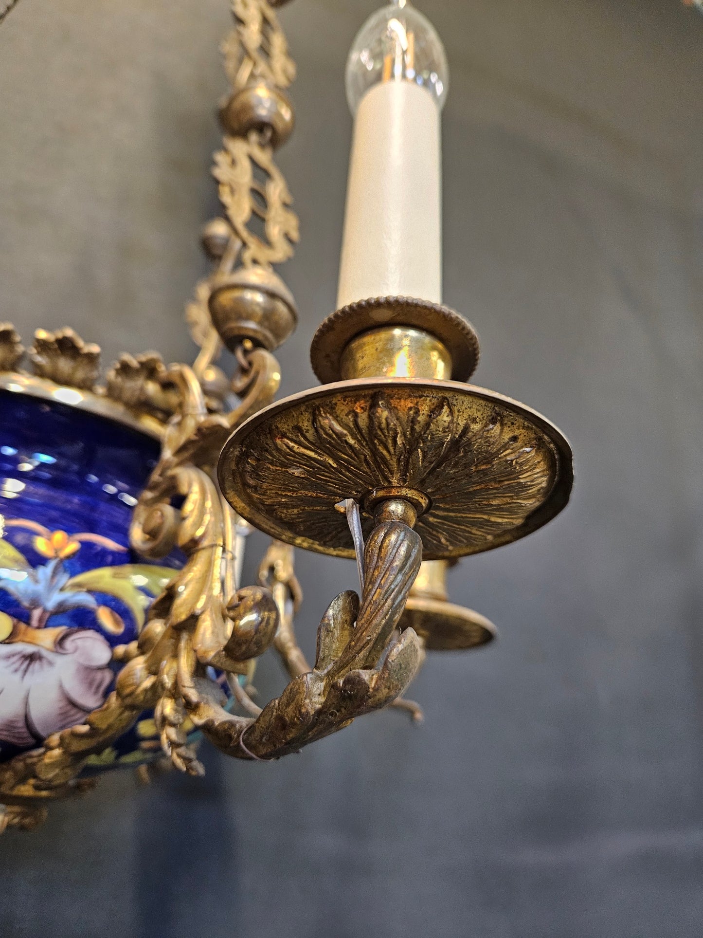 6-Arm French Ceramic Bowl Chandelier, CA. 1900