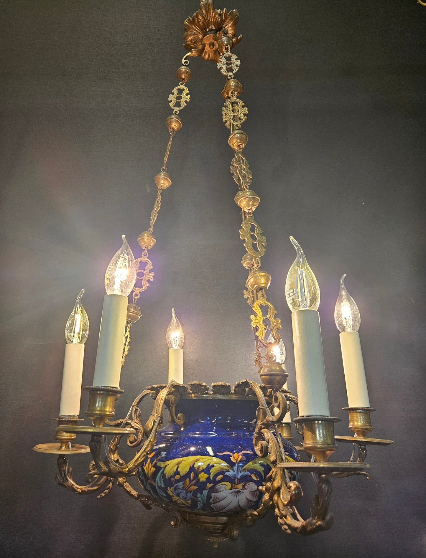 6-Arm French Ceramic Bowl Chandelier, CA. 1900