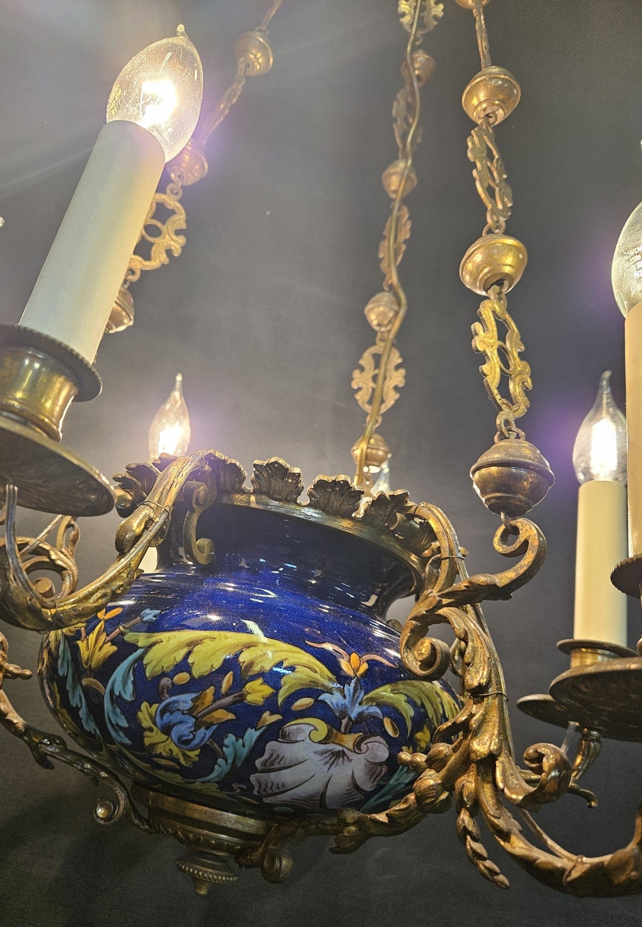 6-Arm French Ceramic Bowl Chandelier, CA. 1900