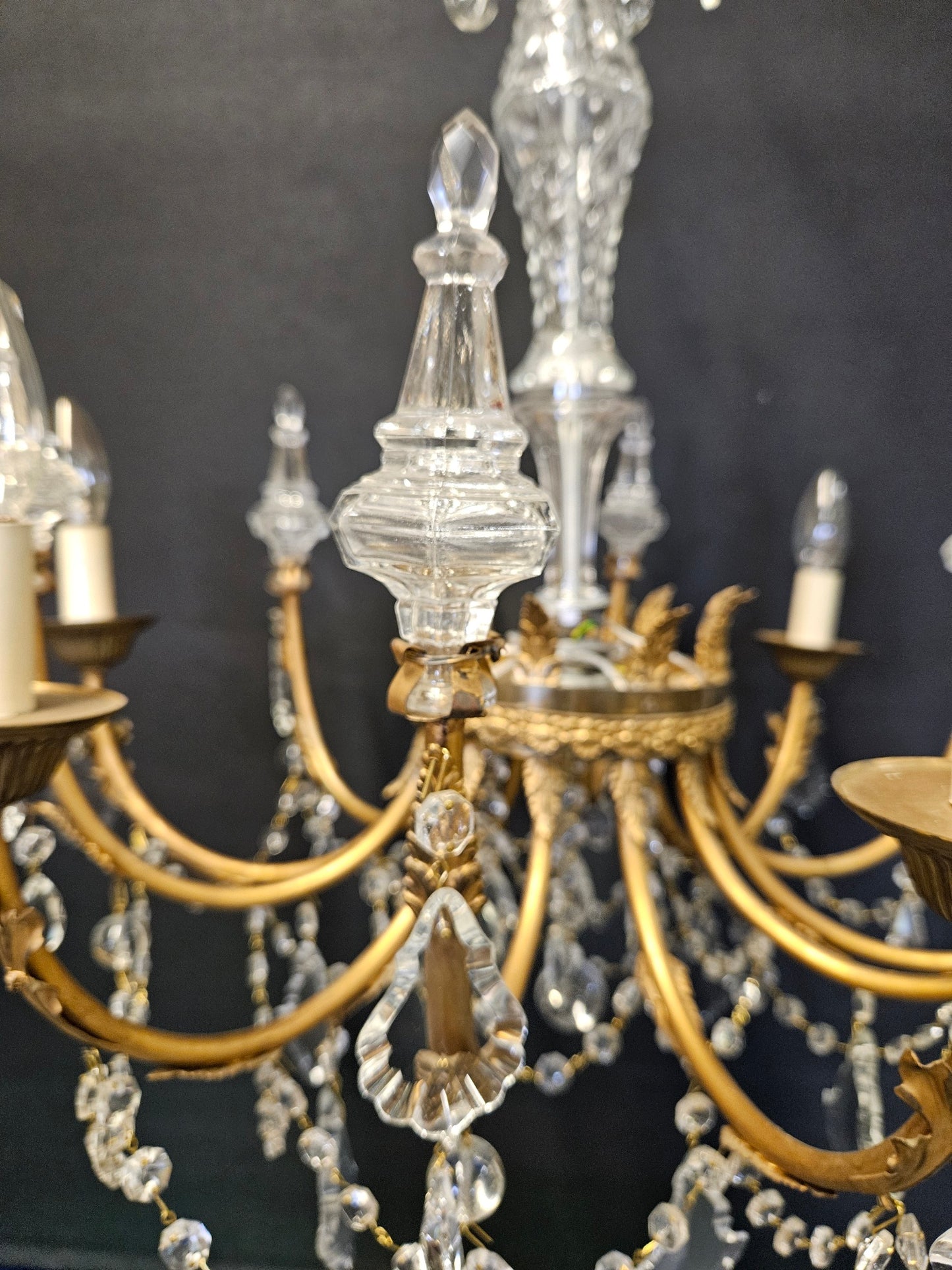 Pair of 6-Arm Brass & Glass Chandeliers CA, 1950