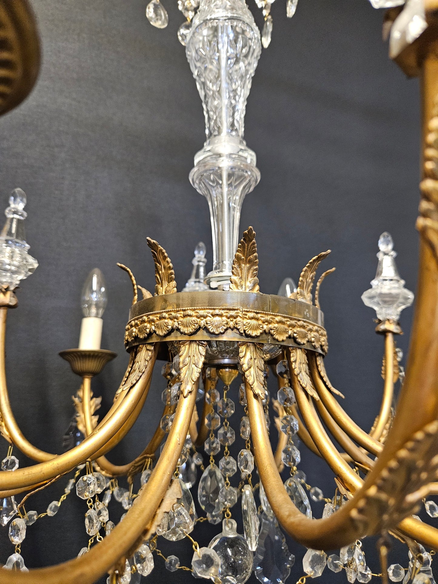 Pair of 6-Arm Brass & Glass Chandeliers CA, 1950
