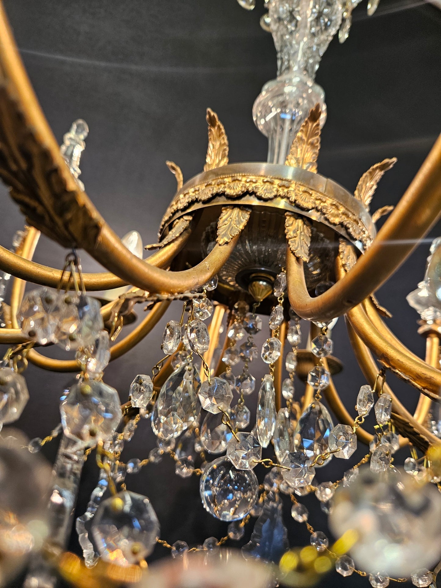 Pair of 6-Arm Brass & Glass Chandeliers CA, 1950