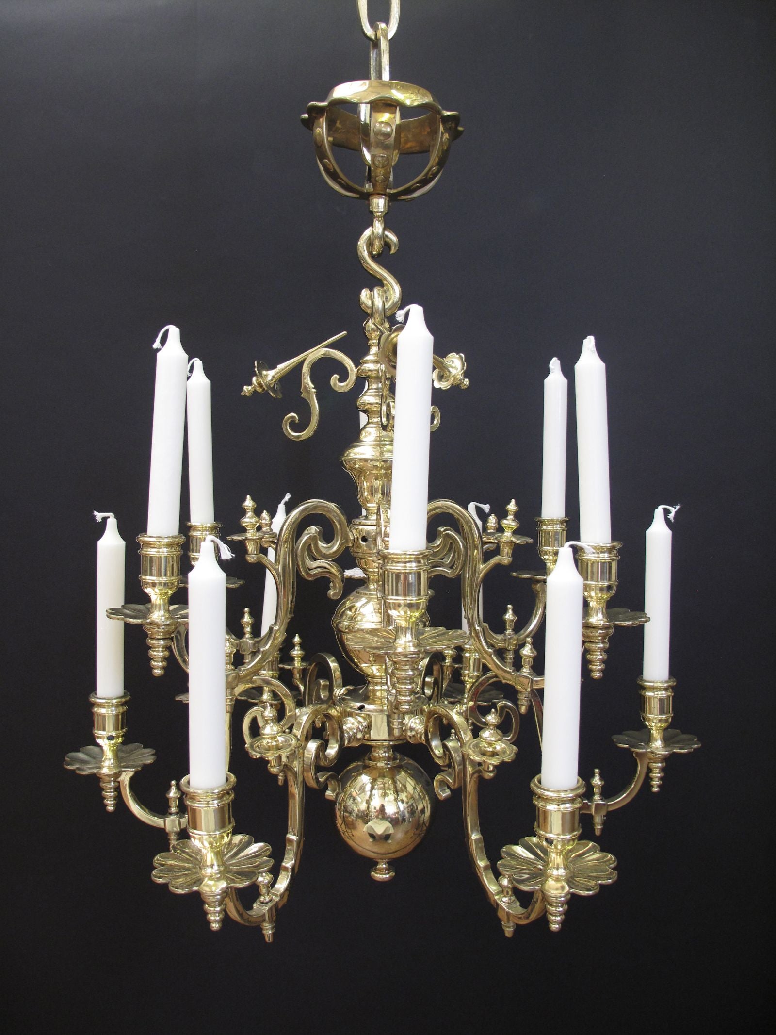 12 Arm Dutch Chandelier, polished and lacquered.