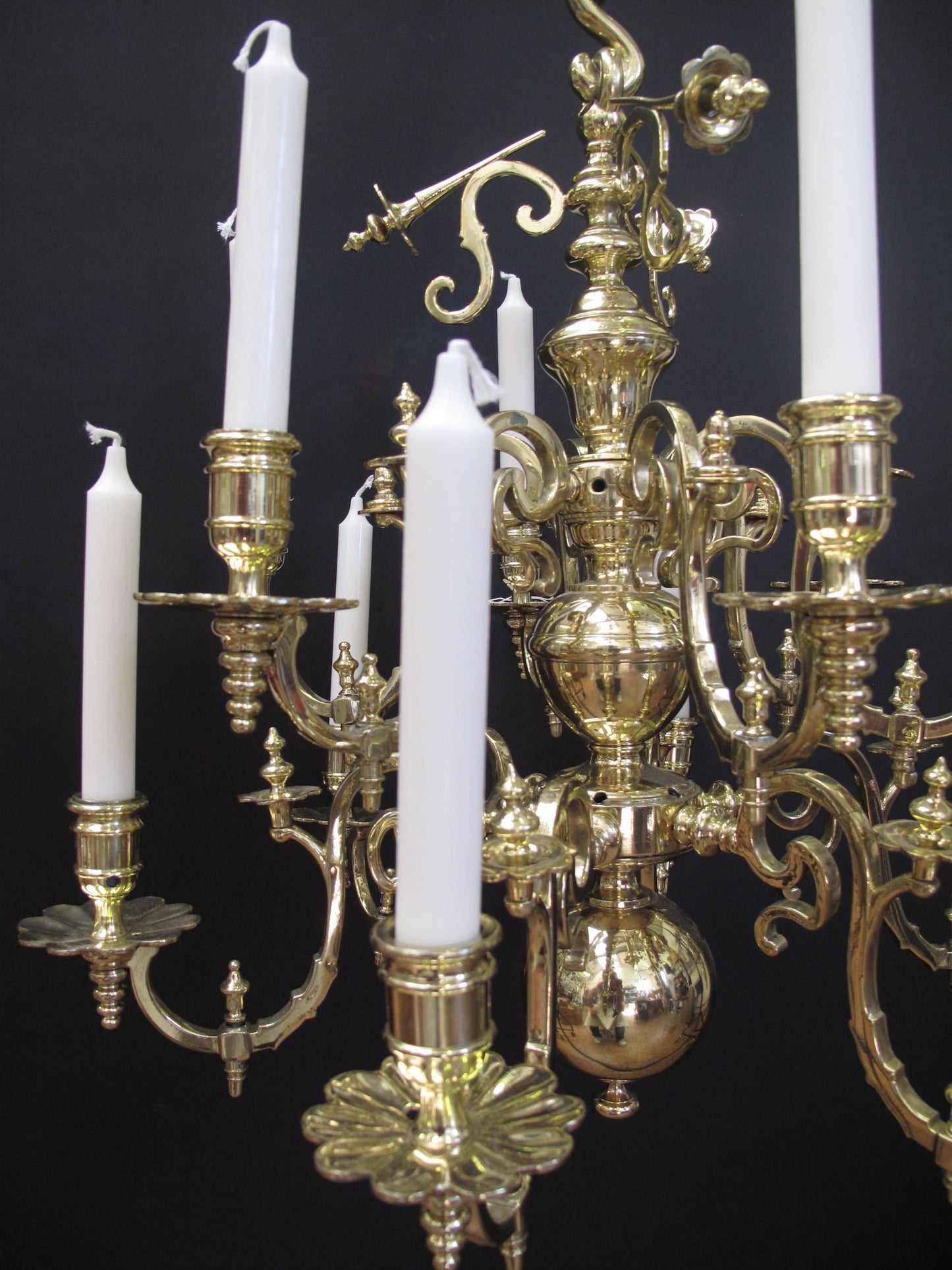 12 Arm Dutch Chandelier, polished and lacquered.