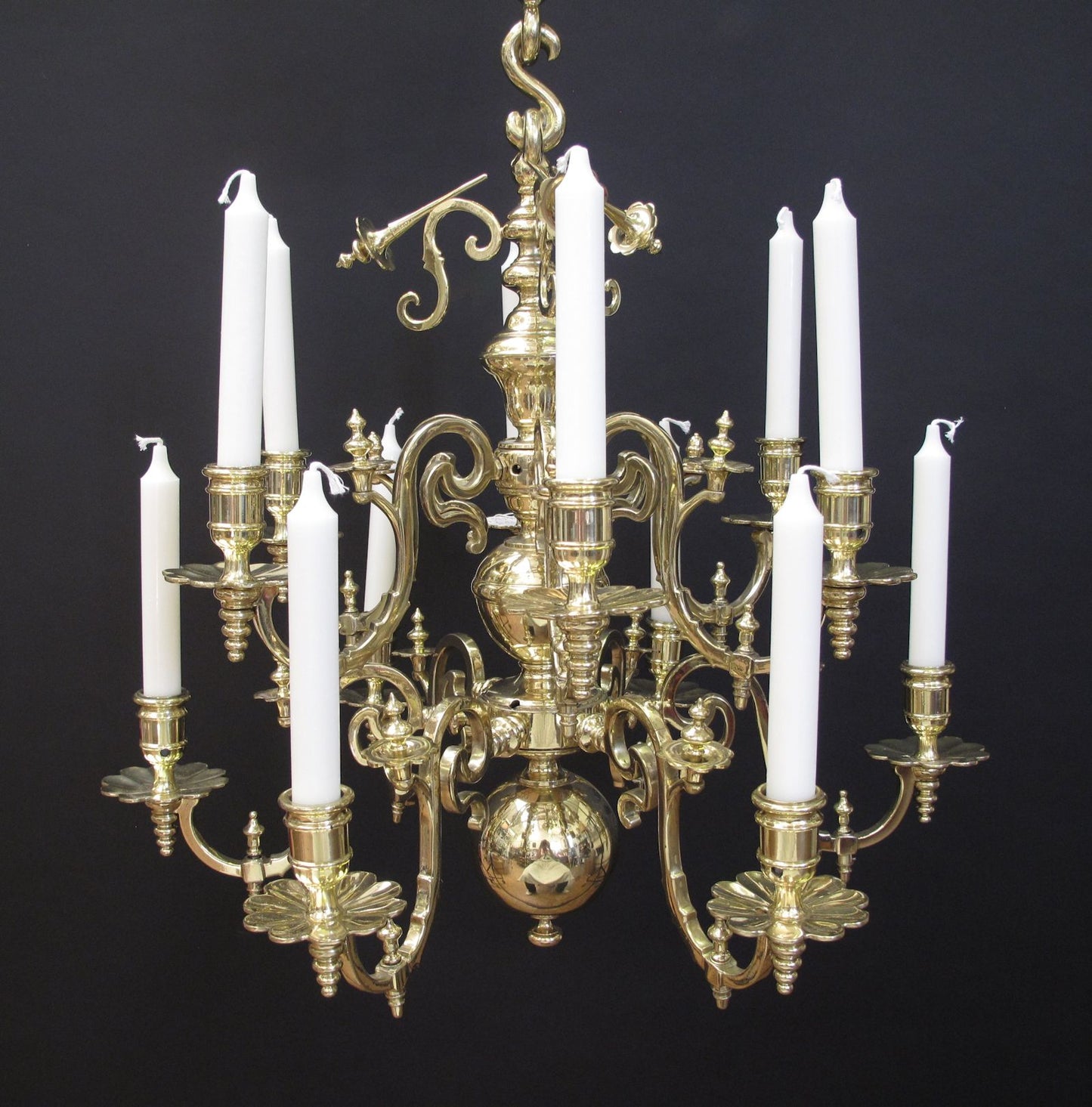 12 Arm Dutch Chandelier, polished and lacquered.