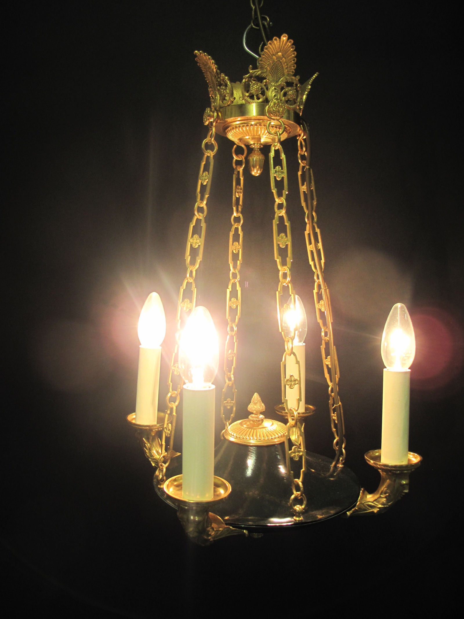 front view with chandelier lit