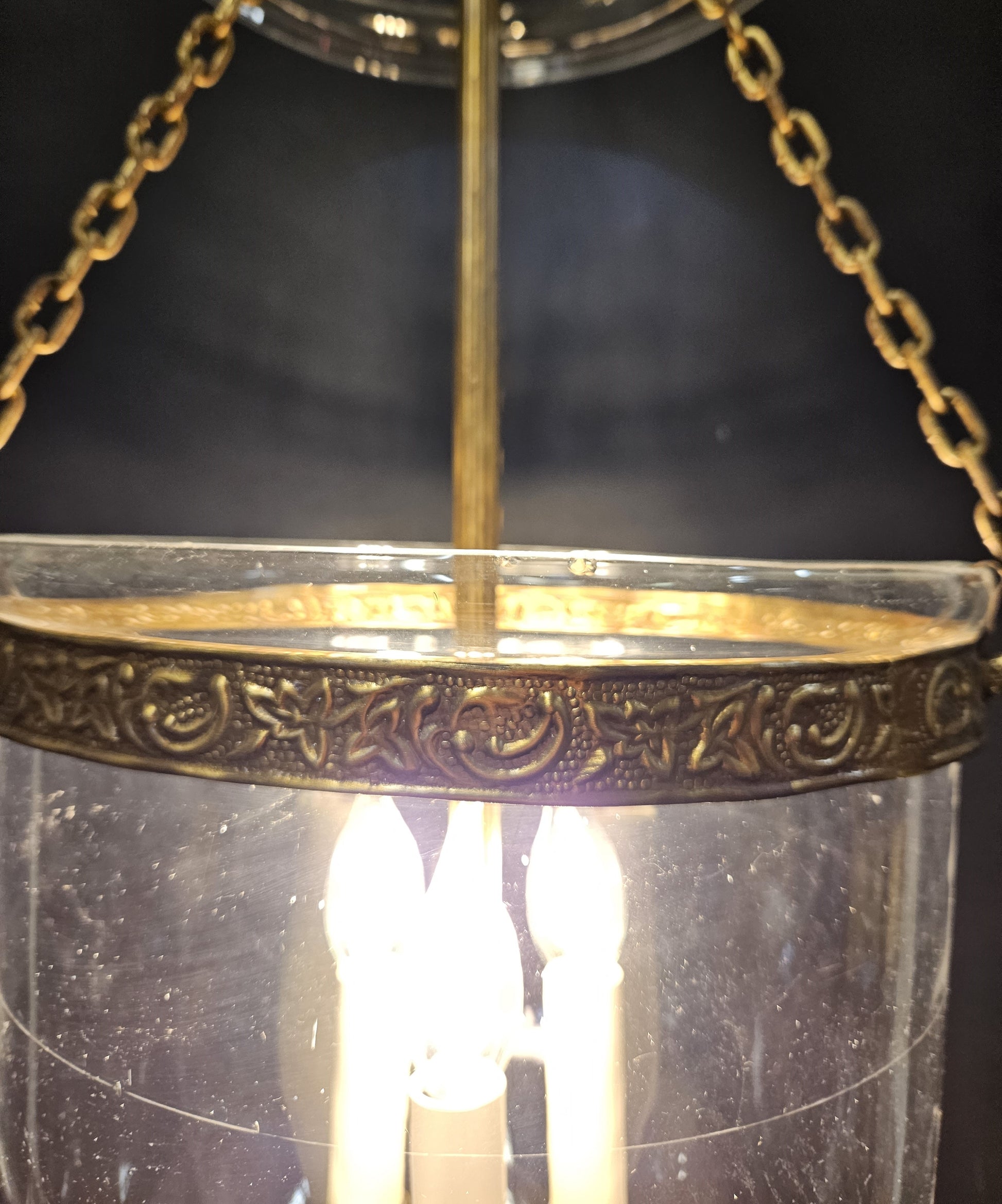 close up showing internal chandelier lit