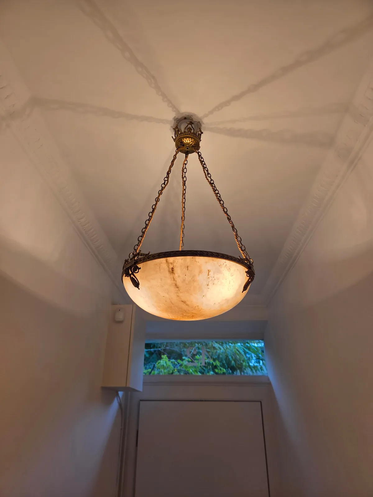 Re-electrified three-light alabaster bowl chandelier installed in a private residence in Camden, London.