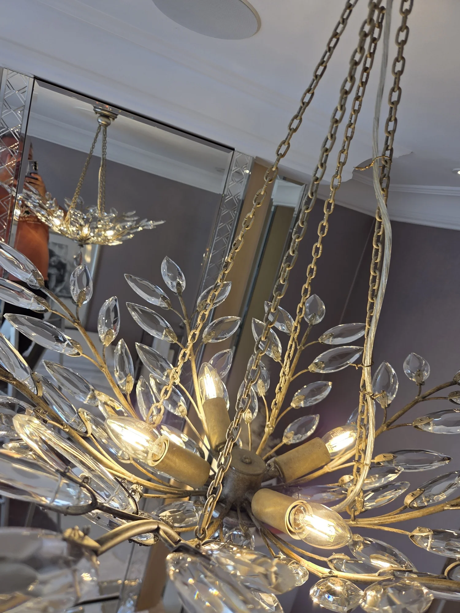 Suspension chains and central construction of a decorative glass leaf chandelier in The Boltons, London.