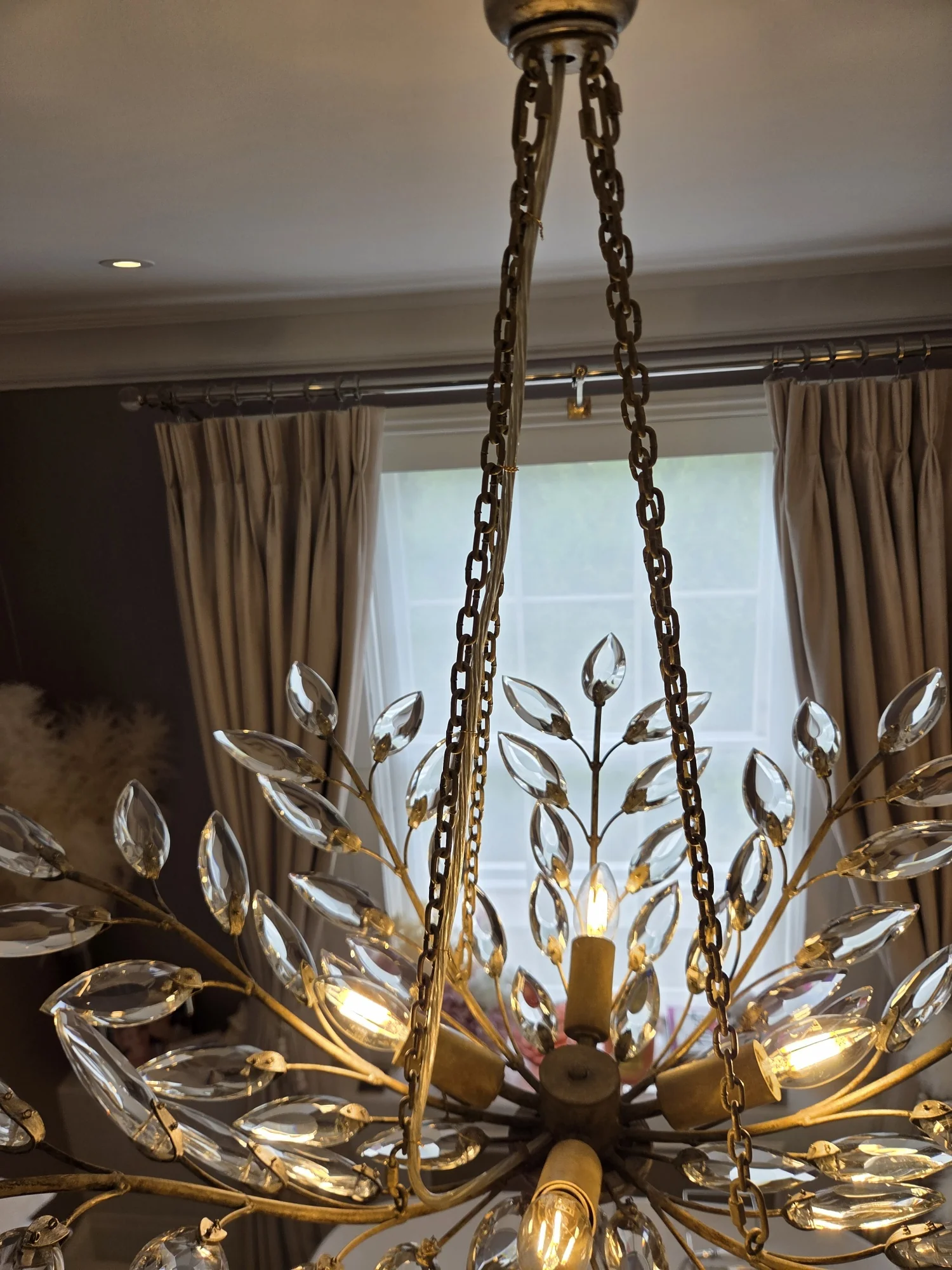 Glass leaf chandelier and suspension chains viewed against the window at a private residence in The Boltons, London.