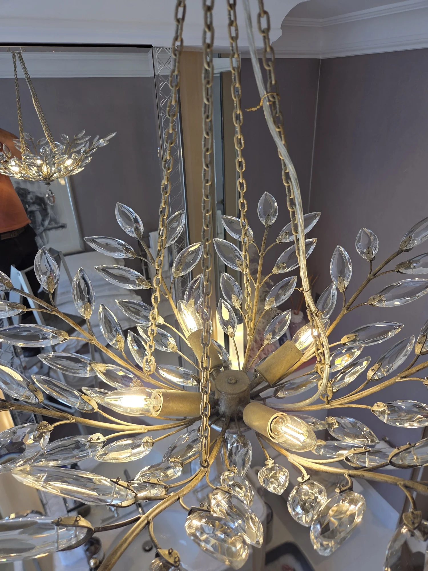 Detail of the illuminated metal branches and glass leaves of a chandelier in The Boltons.