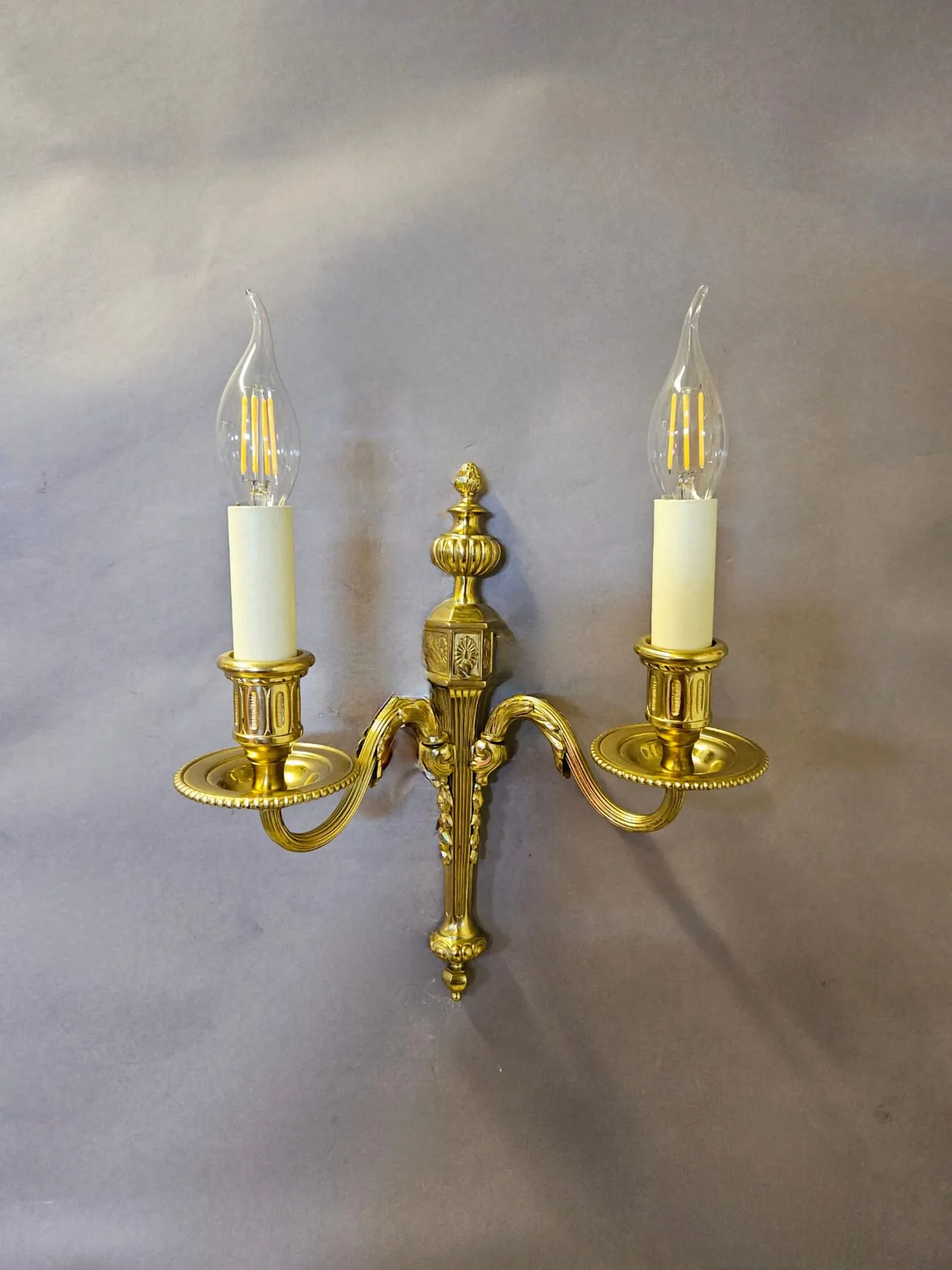 Set Of Three 2-Arm Gilded Brass Wall Lights, c. 1930