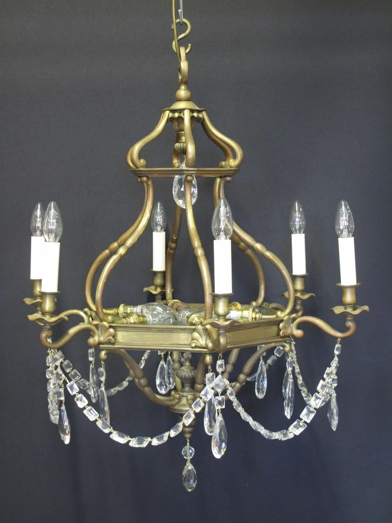 6-Arm Hexagonal Brass Chandelier, c. 1930 – view 1