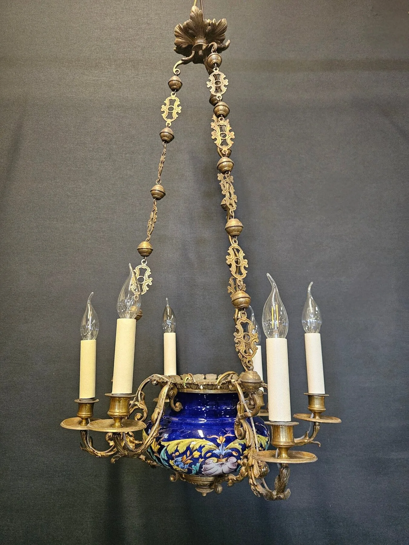 6-Arm French Ceramic Bowl Chandelier, c. 1900