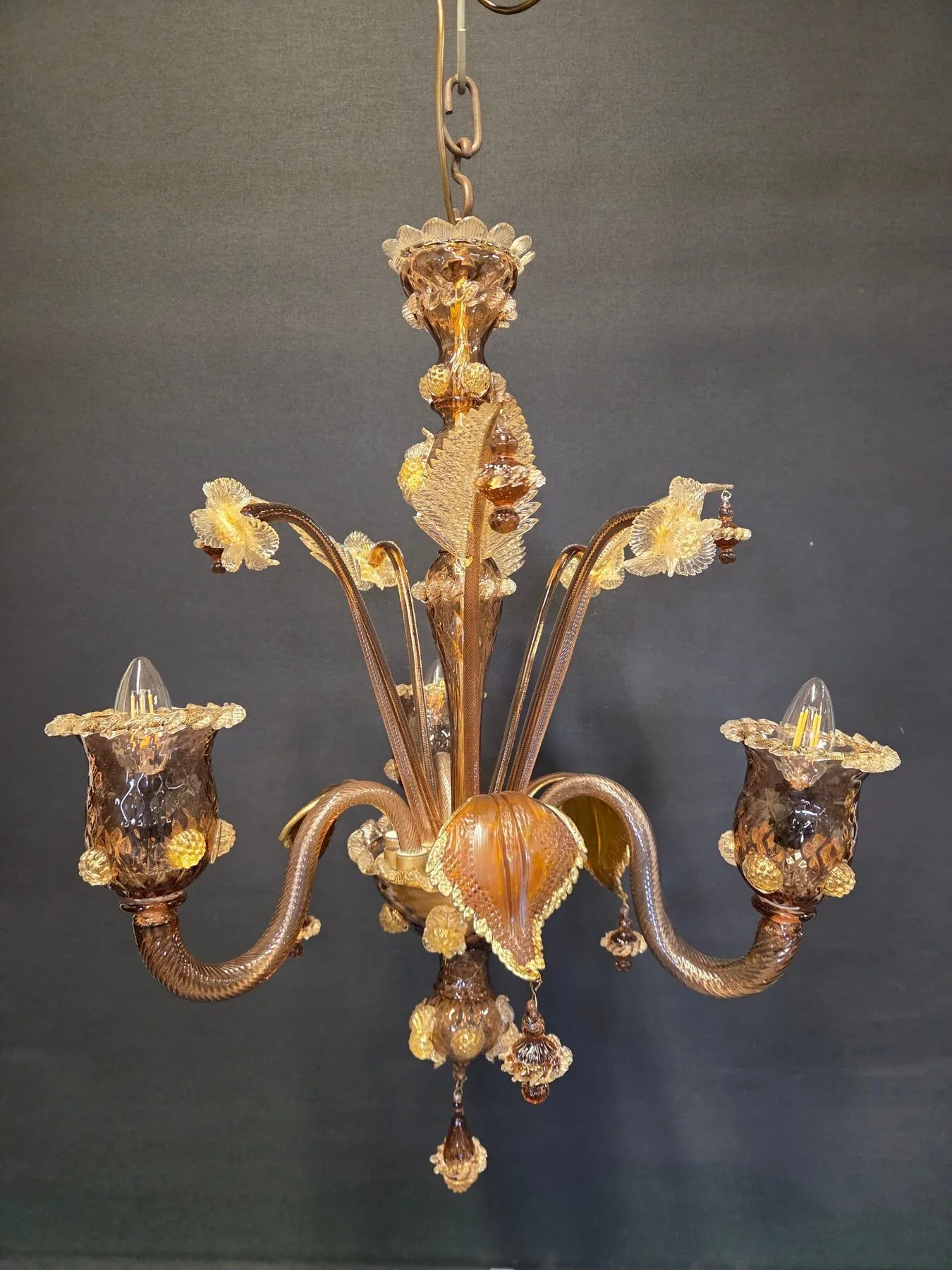 3-Arm Coffee-Coloured Venetian Glass Chandelier, c. 1950