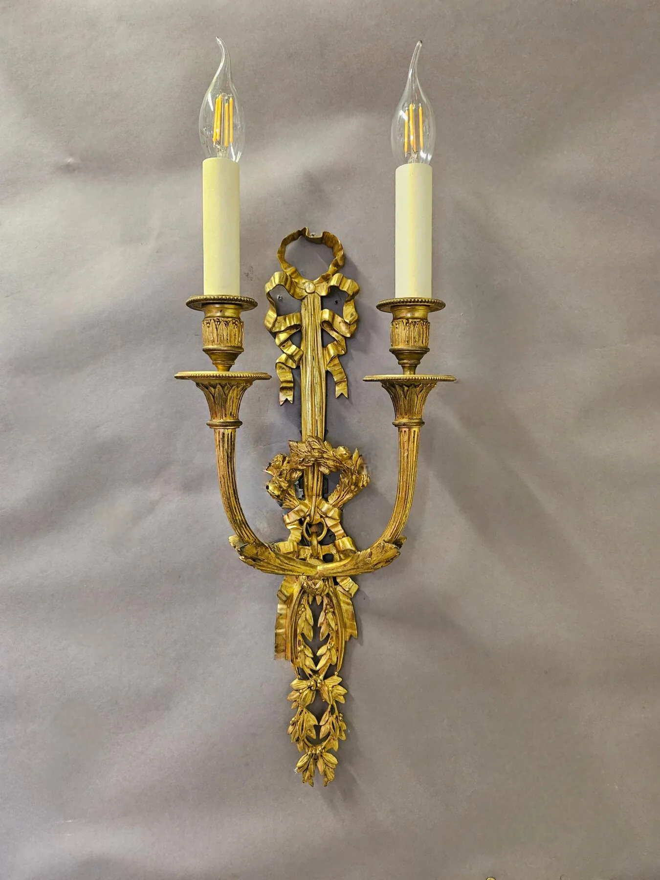 Pair Of 2-Arm Ormolu Bow & Wreath Wall Lights, c. 1920