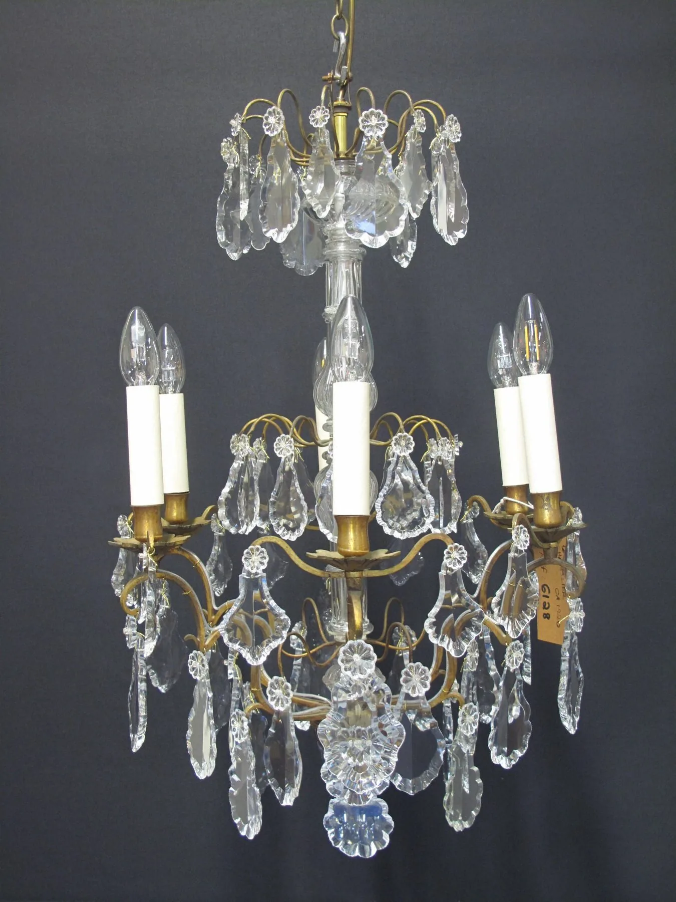 6-Arm French Brass Chandelier, c. 1920