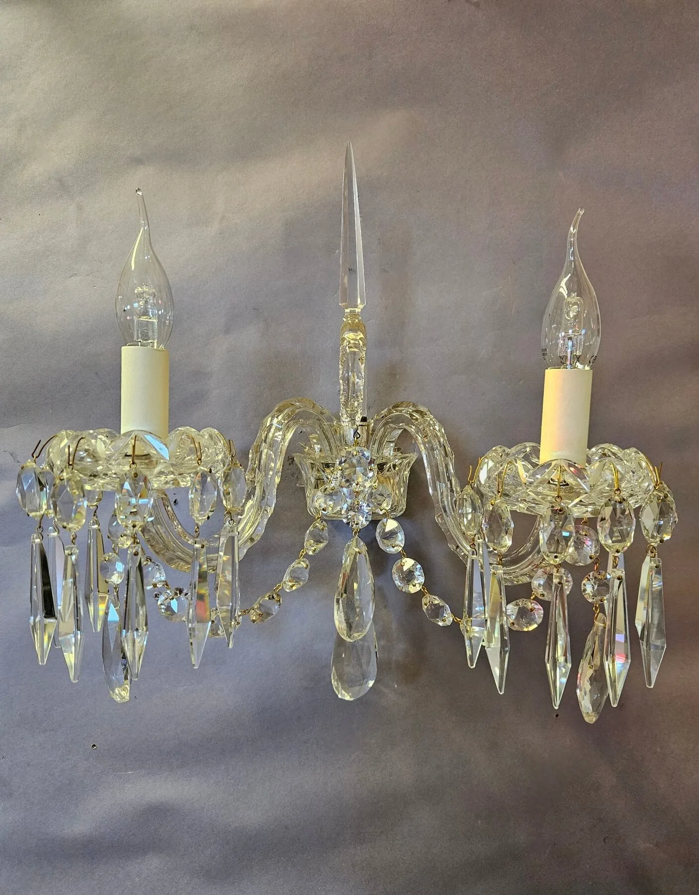 Pair of Early-Victorian Cut-Glass 2-Arm Wall Lights, c. 1840