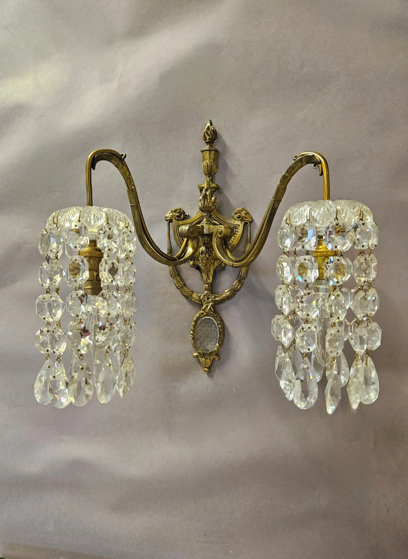 Pair of 2-Arm Wall Lights With Cut-Glass Strings & Medallions, c. 1910