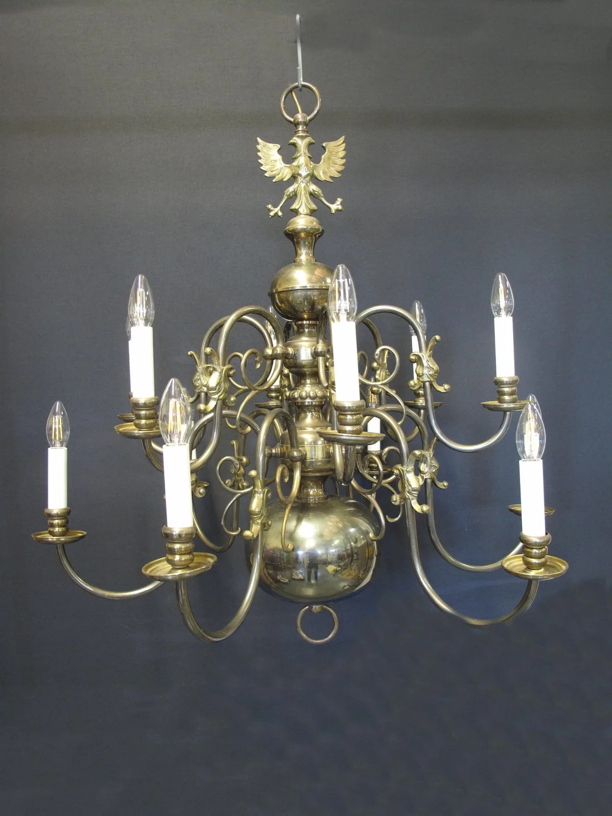 12-Arm Dutch Bronzed Chandelier, c. 1920