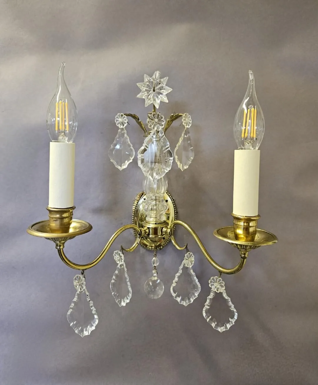 Pair Of 2-Arm French Brass & Glass Wall Lights, c. 1950