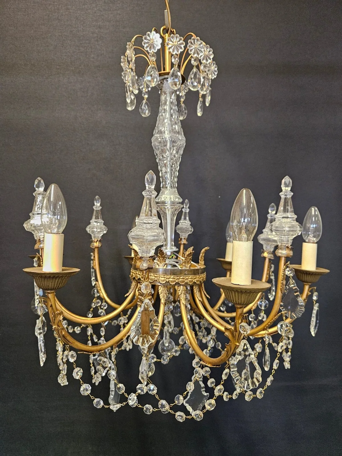Pair of 6-Arm Brass & Glass Chandeliers CA, 1950