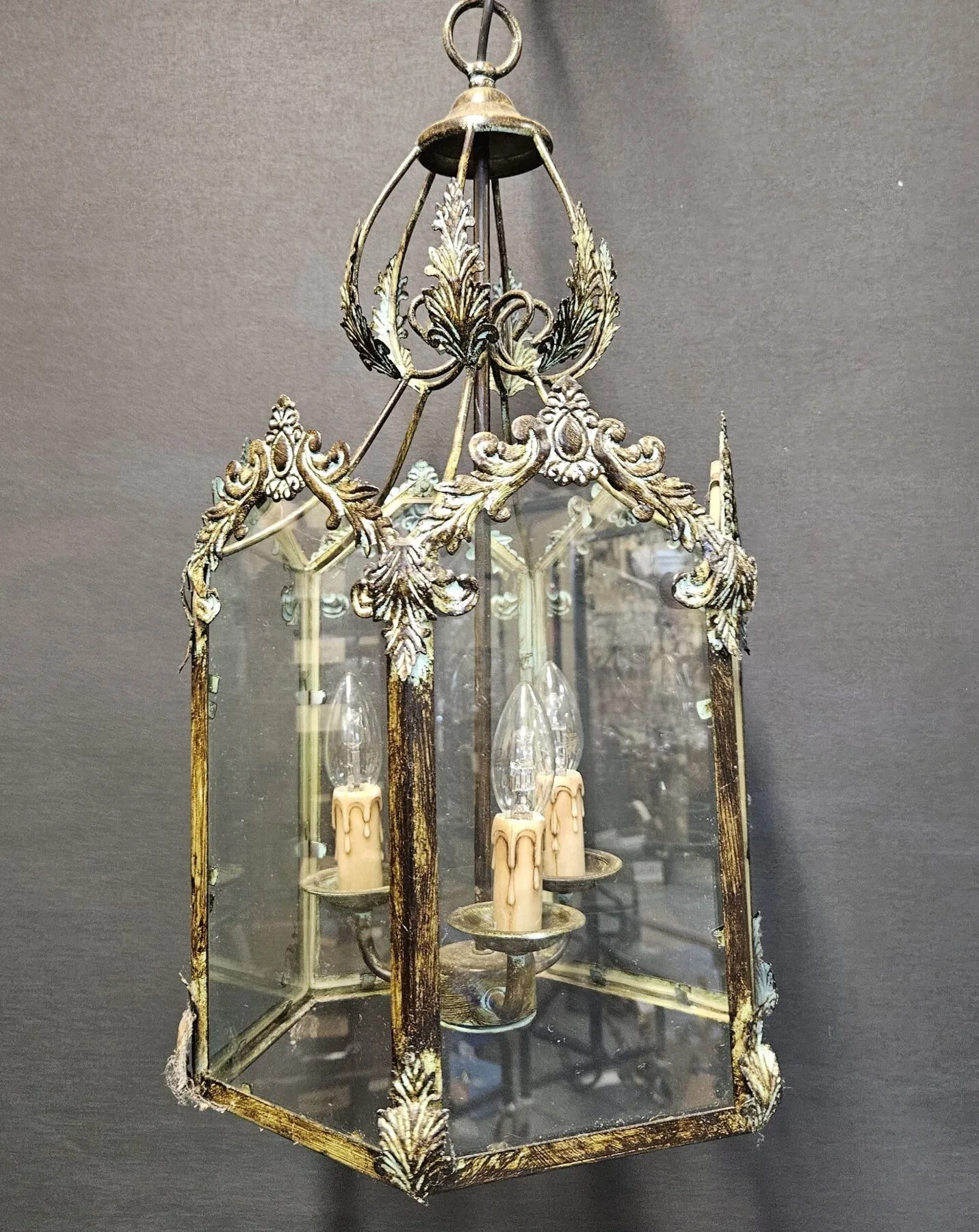 Hexagonal Green Filigree Lantern, c. 1970