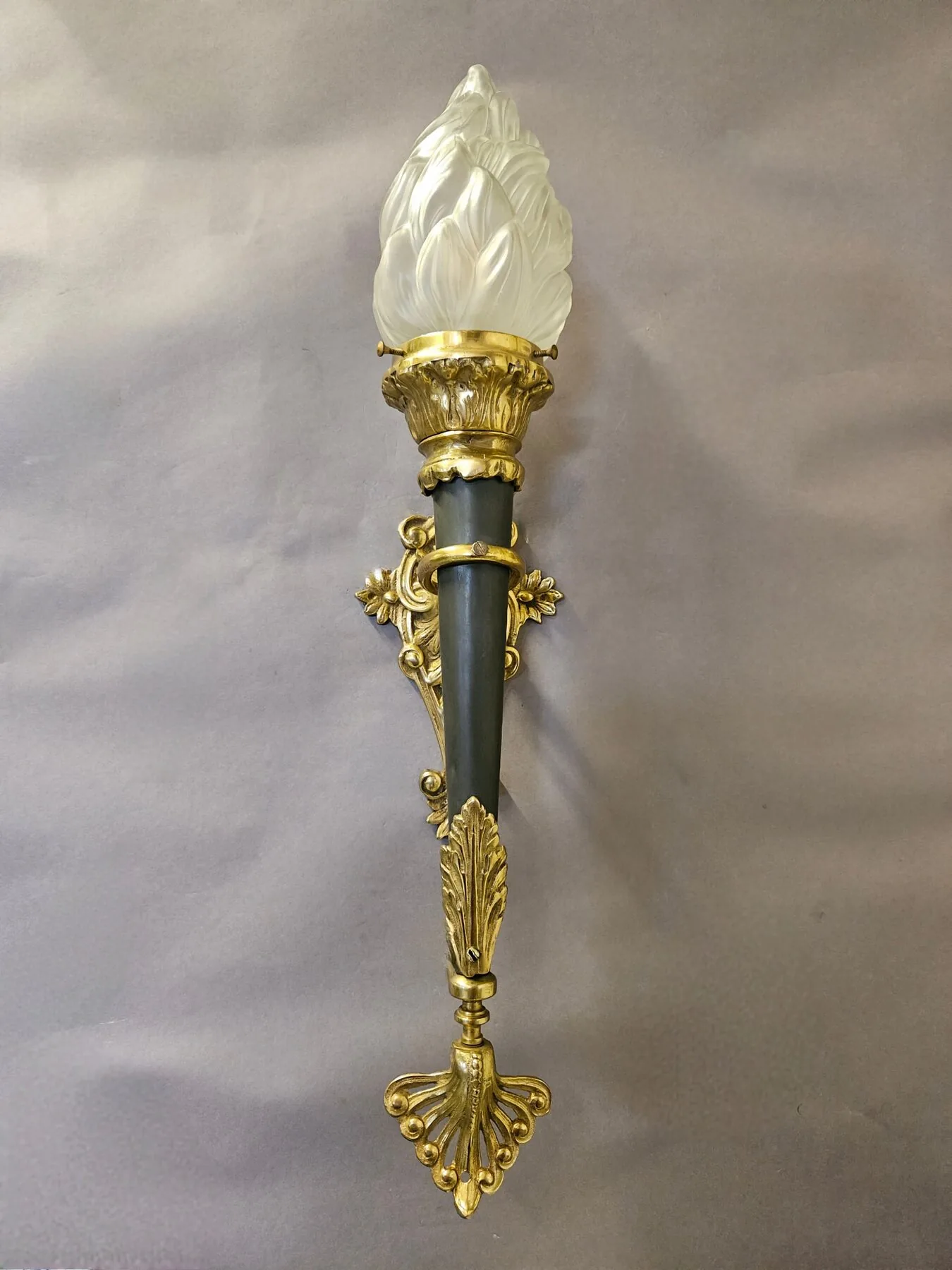 Large Pair Of Torch Wall Lights With Flambeau Shades, c. 1930