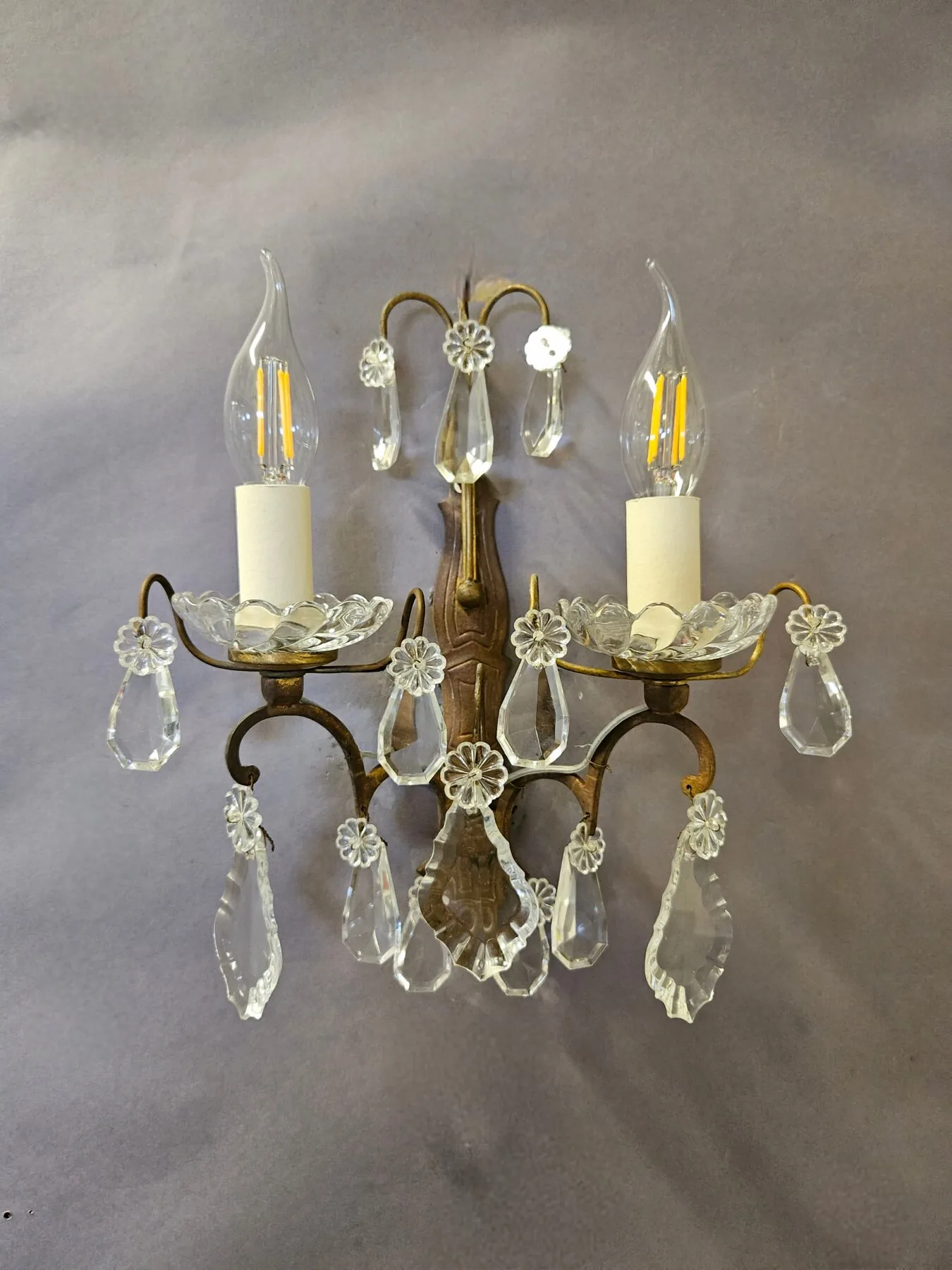 Pair Of 2-Arm French Wall Lights With Glass Pans, c. 1920