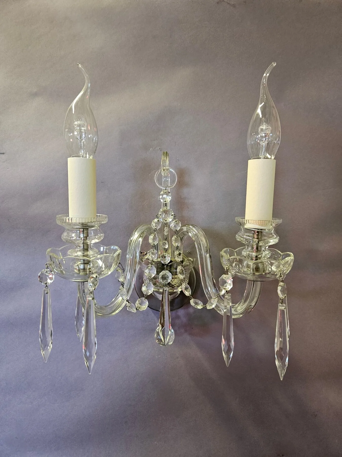 Set of 3 (plus 1 similar) twin-branch Czech glass wall lights, c. 1950