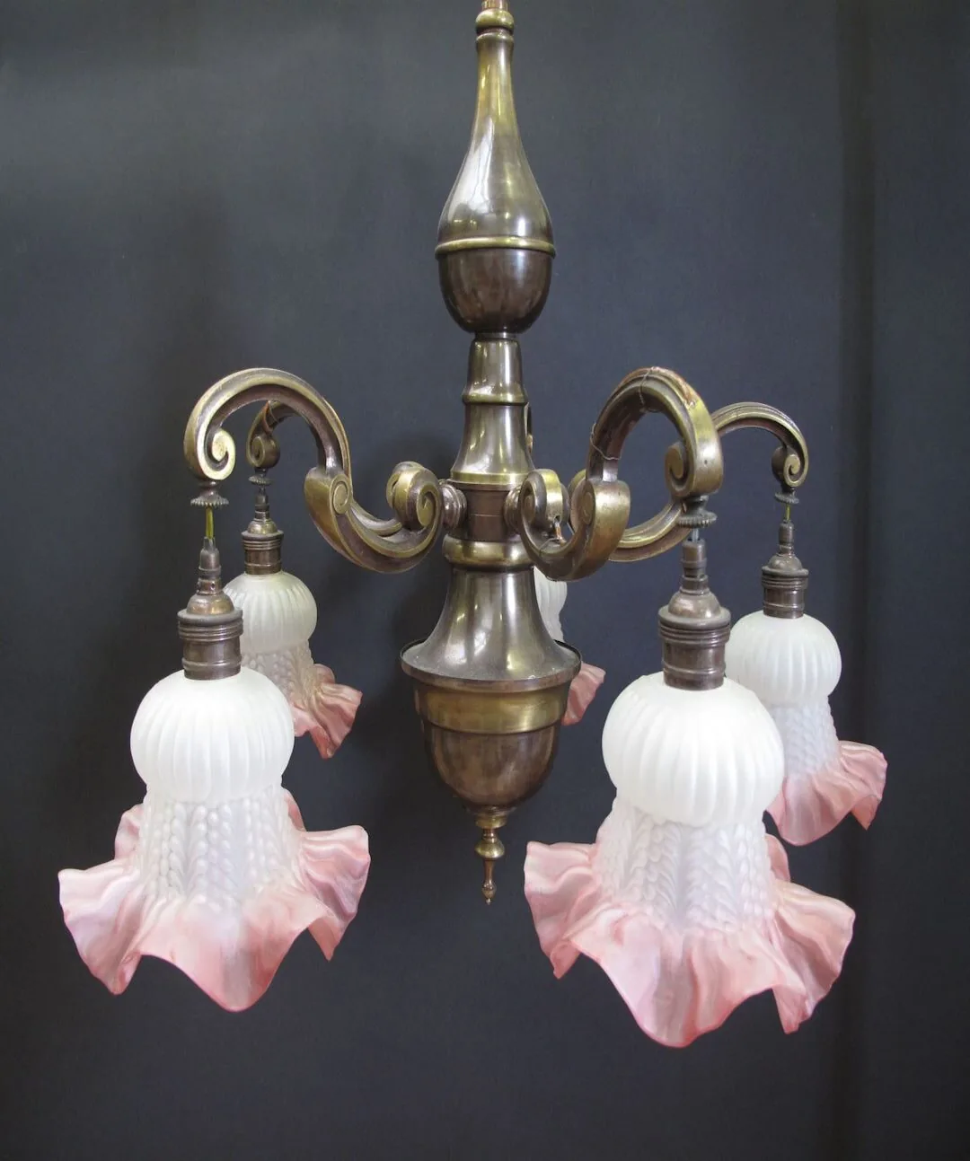 5-Arm Brass Chandelier With Downshades, c. 1930