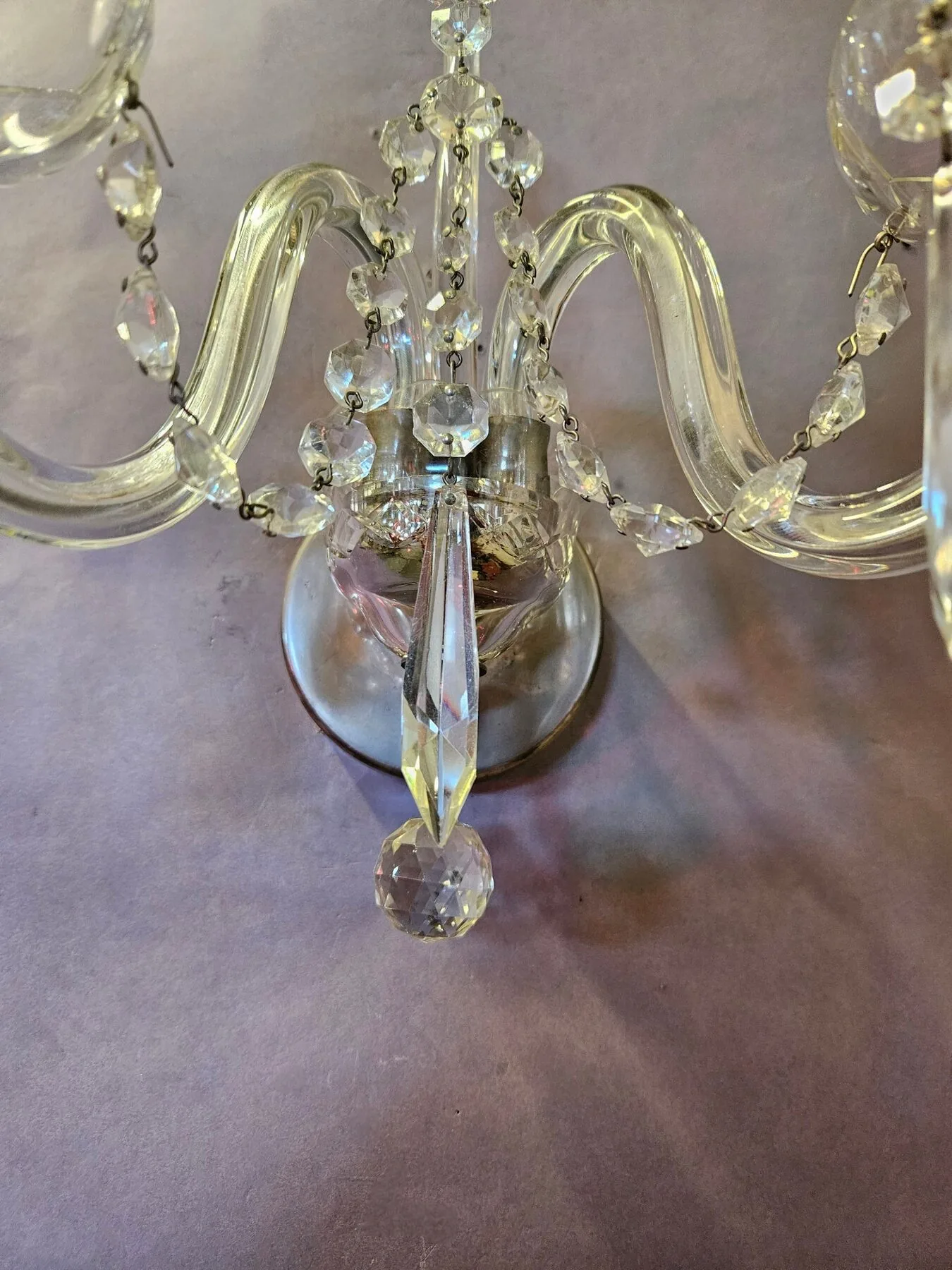 Set of 3 (plus 1 similar) twin-branch Czech glass wall lights, c. 1950 – view 2