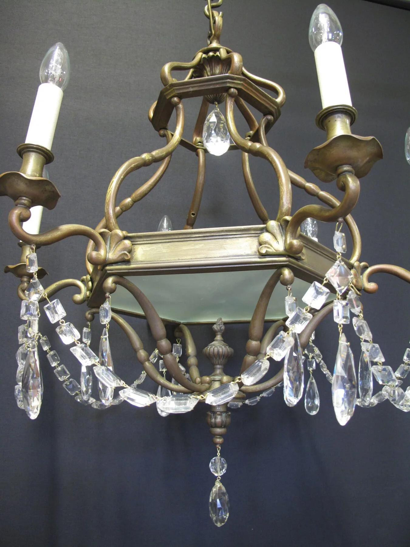 6-Arm Hexagonal Brass Chandelier, c. 1930 – view 2
