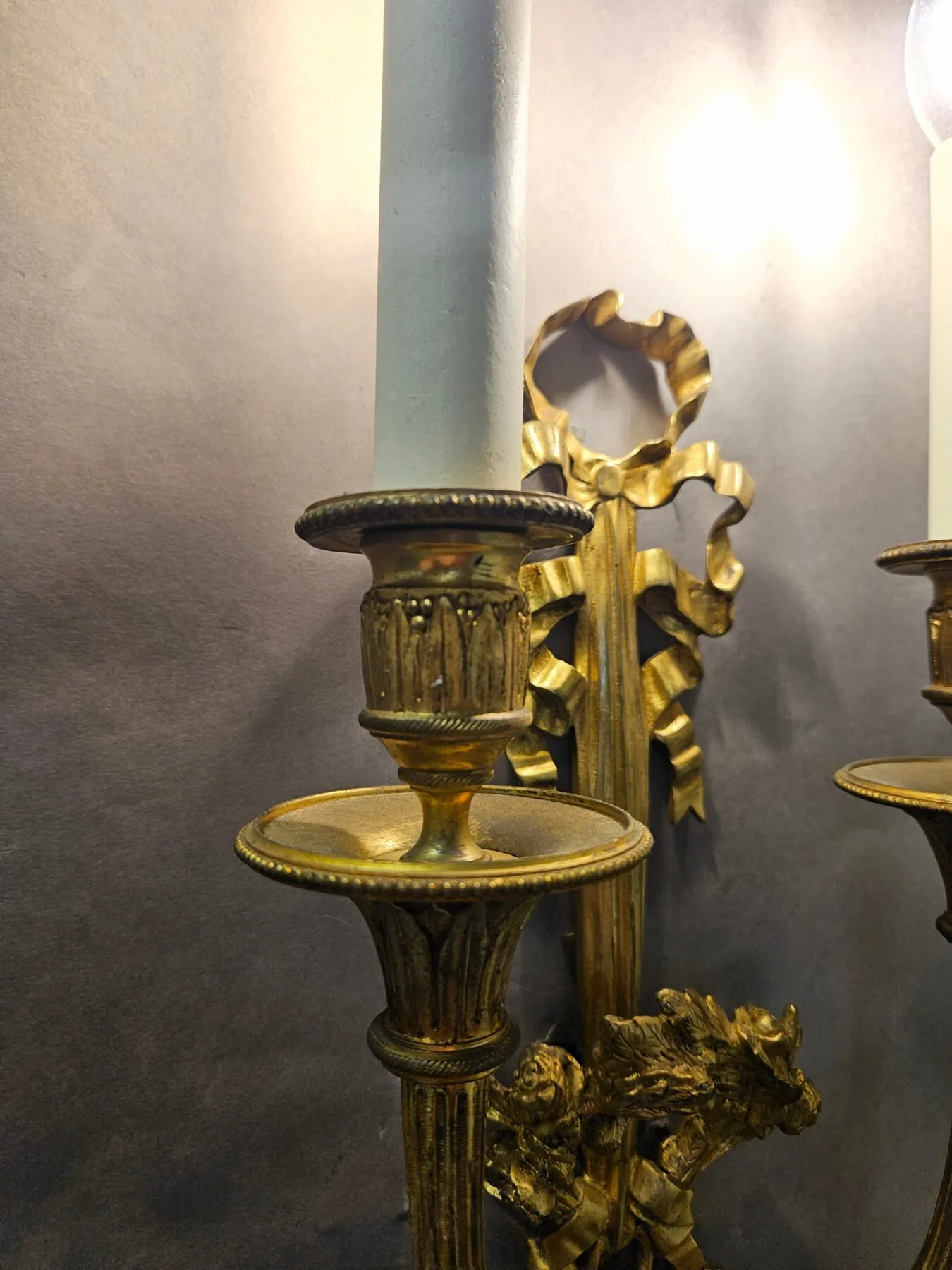 Pair Of 2-Arm Ormolu Bow & Wreath Wall Lights, c. 1920 – view 2