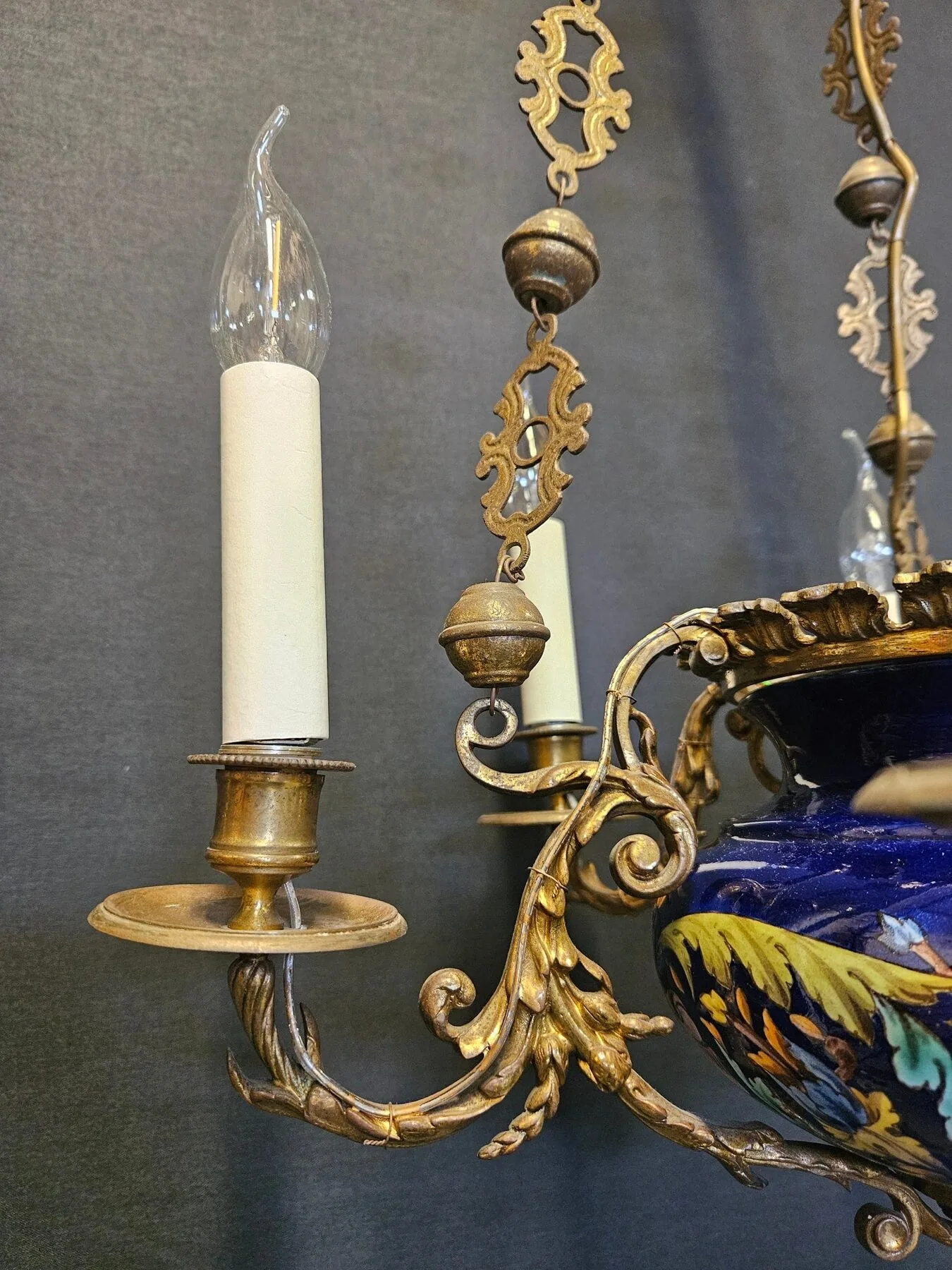 6-Arm French Ceramic Bowl Chandelier, c. 1900 – view 2