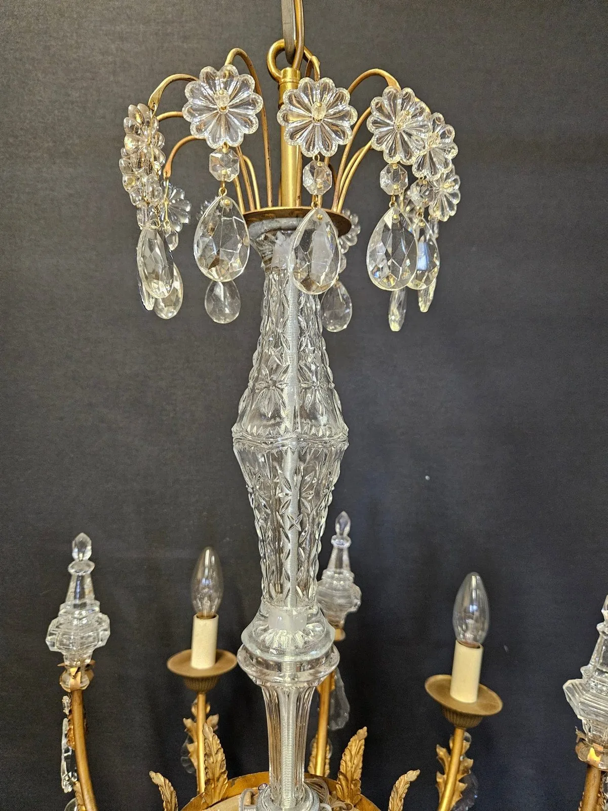 Pair of 6-Arm Brass & Glass Chandeliers CA, 1950 – view 2