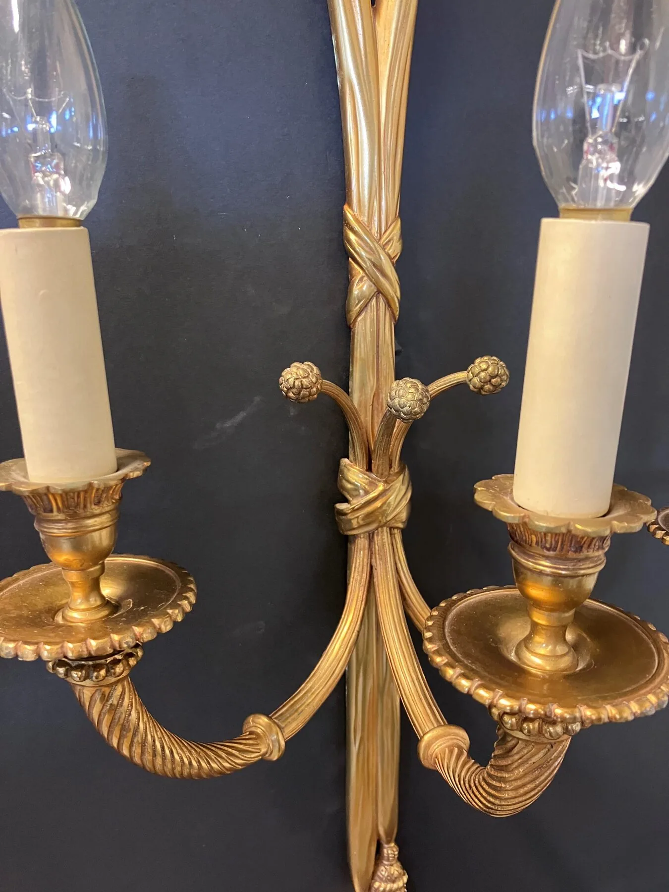 Pair Of 3-Arm "Ribbon Tassel" Brass Wall Lights, c. 1920 – view 2