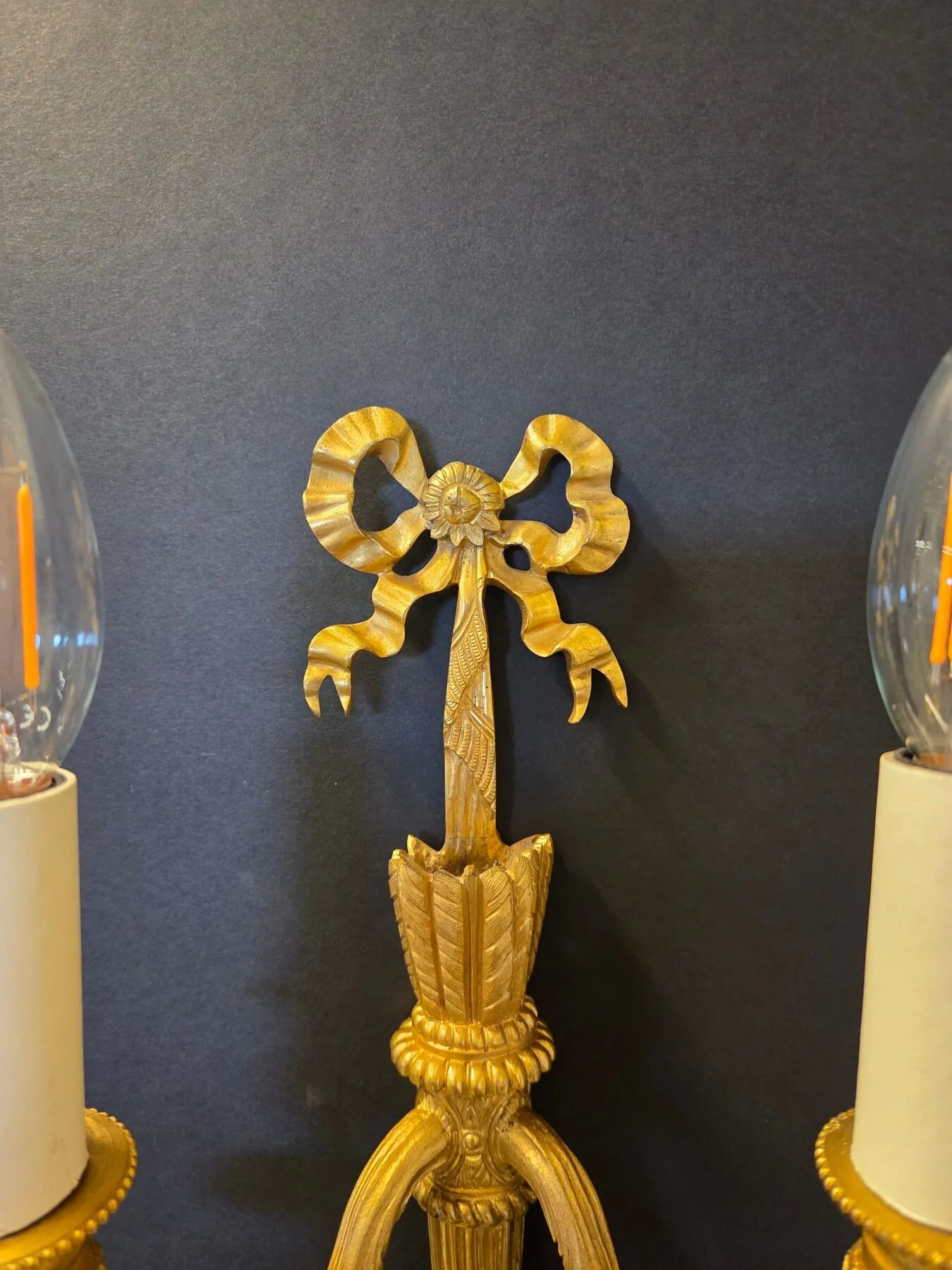 Pair Of 2-Arm Ormolu Wall Lights With Bow & Tassel, c. 1920 – view 2
