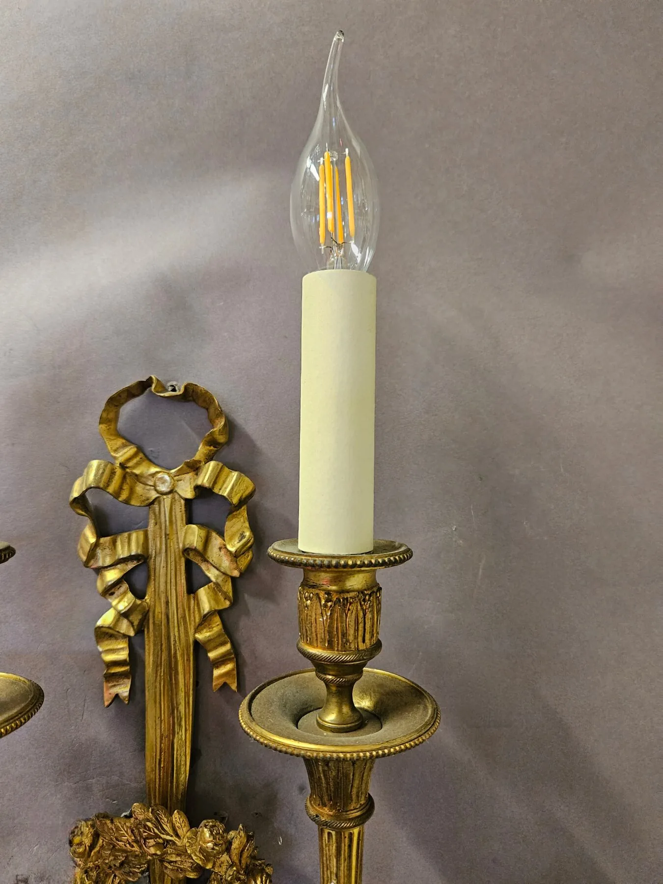 Pair Of 2-Arm Ormolu Bow & Wreath Wall Lights, c. 1920 – view 3