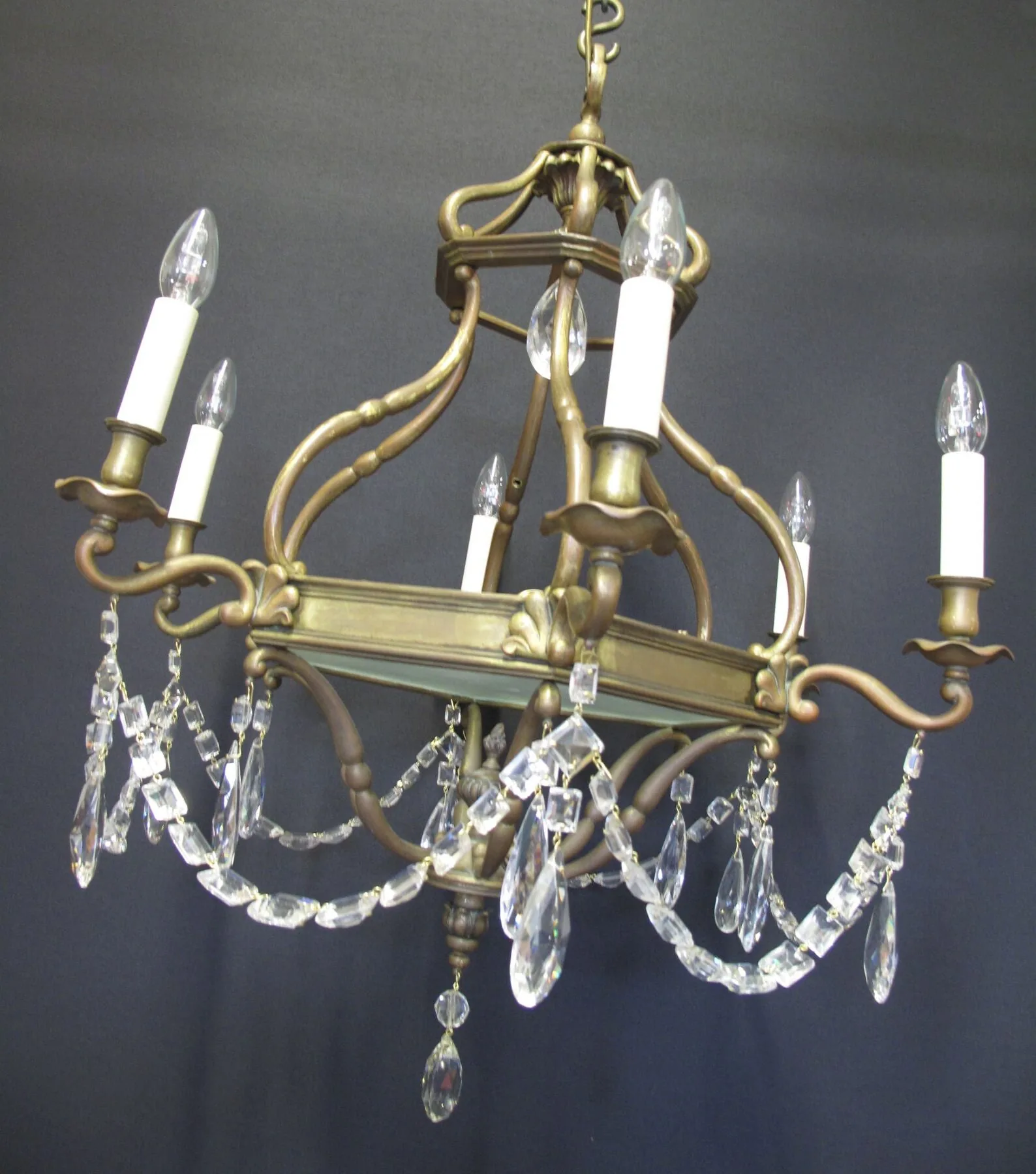 6-Arm Hexagonal Brass Chandelier, c. 1930 – view 3