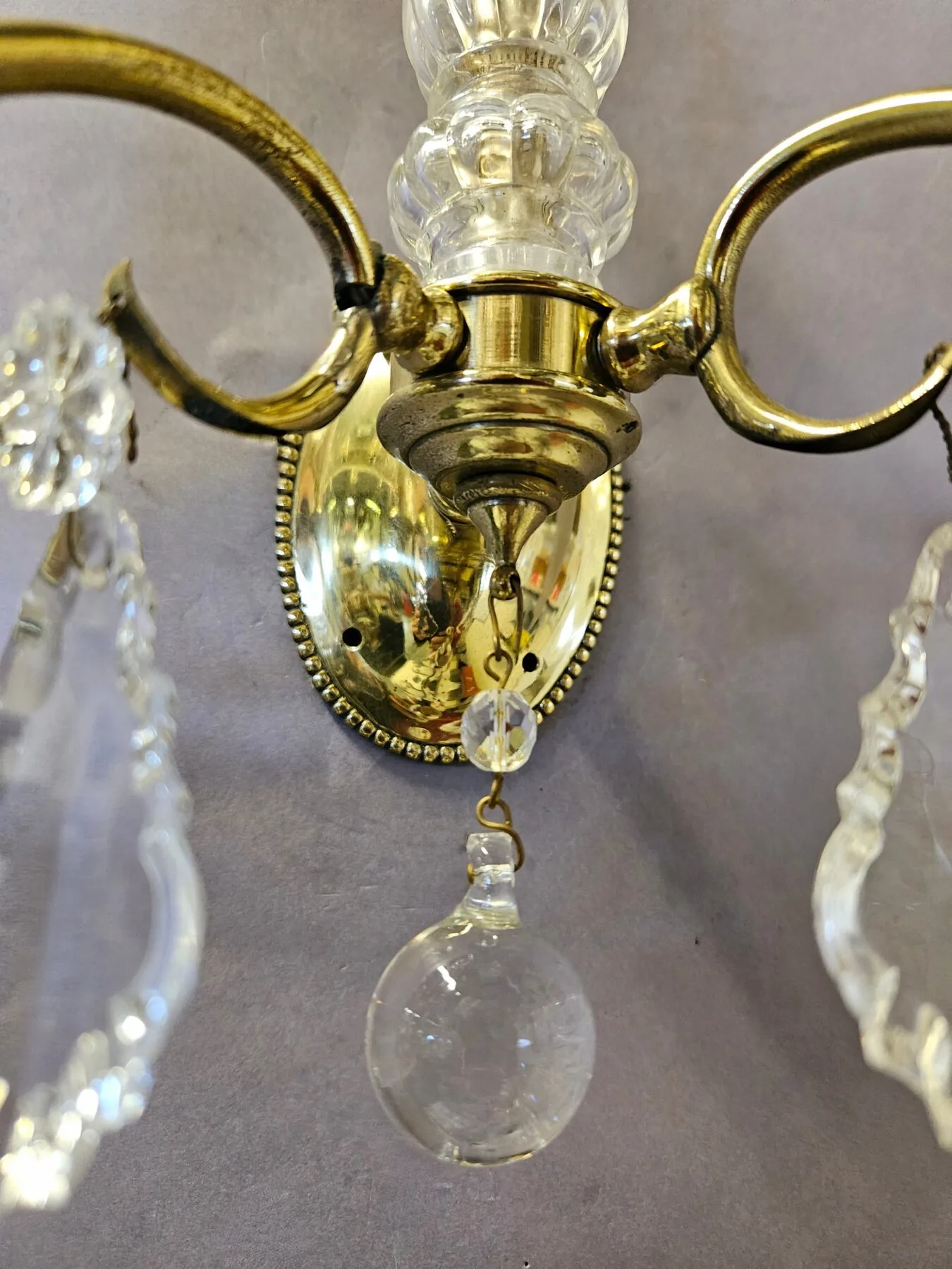Pair Of 2-Arm French Brass & Glass Wall Lights, c. 1950 – view 3