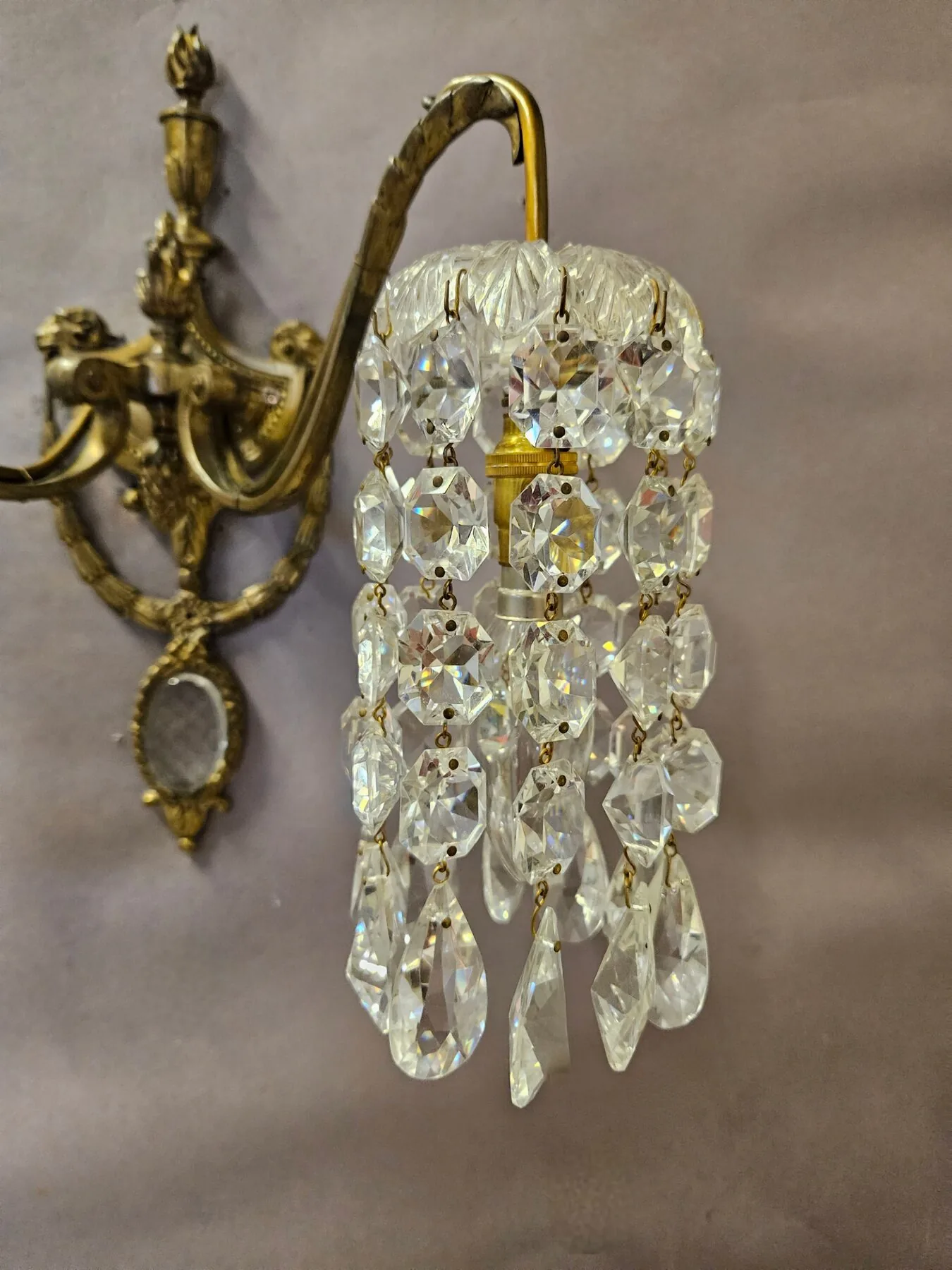 Pair of 2-Arm Wall Lights With Cut-Glass Strings & Medallions, c. 1910 – view 3