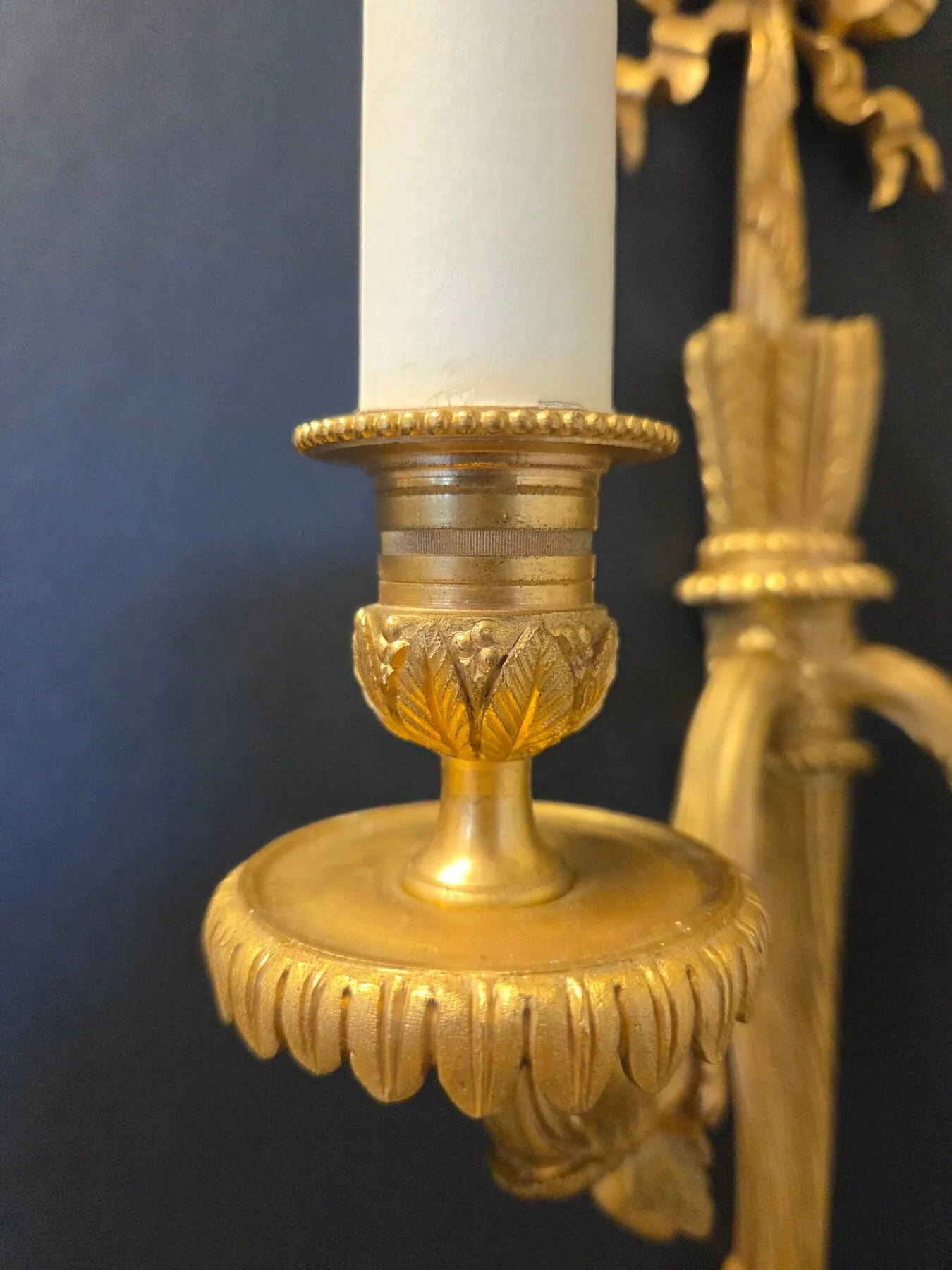 Pair Of 2-Arm Ormolu Wall Lights With Bow & Tassel, c. 1920 – view 4
