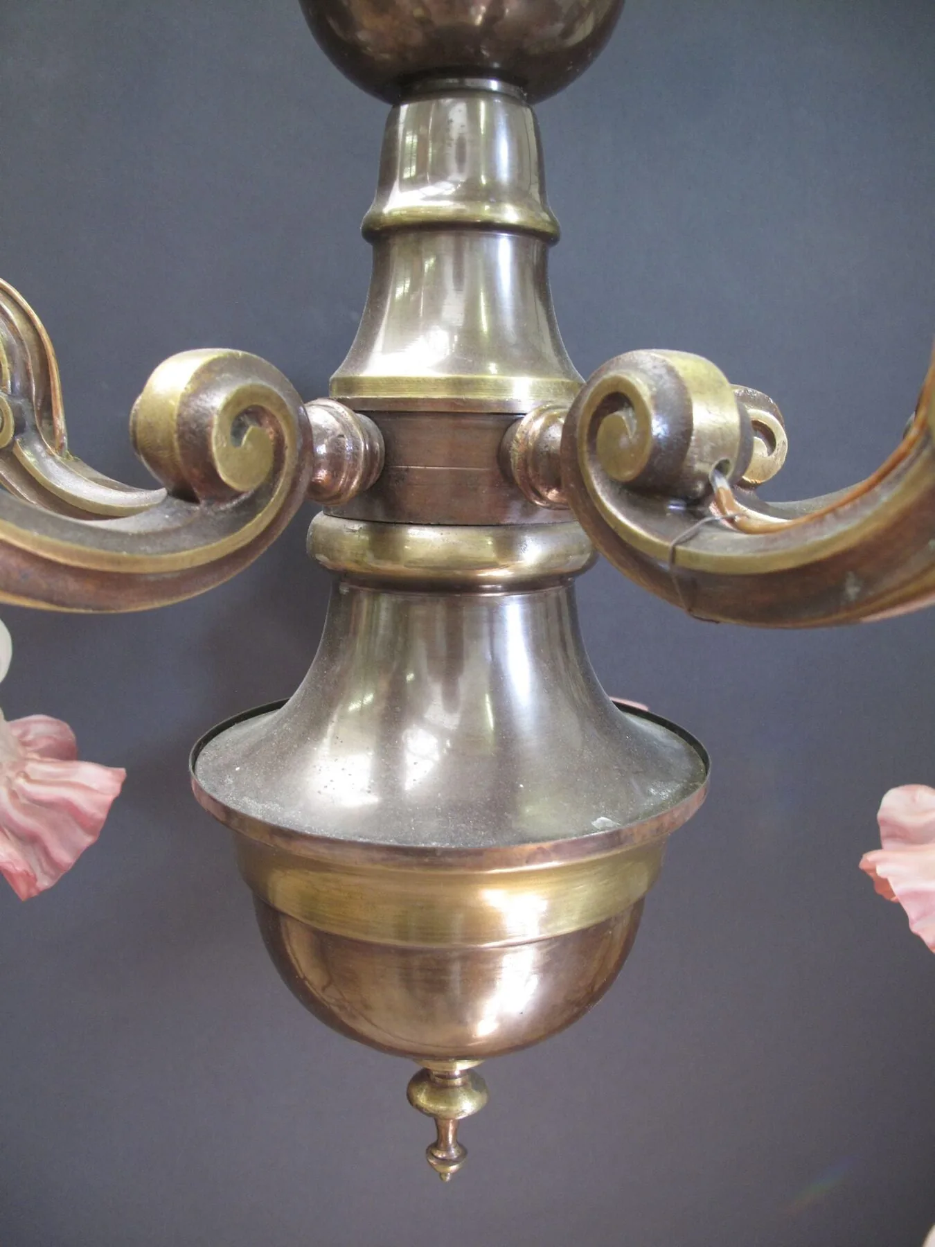 5-Arm Brass Chandelier With Downshades, c. 1930 – view 4
