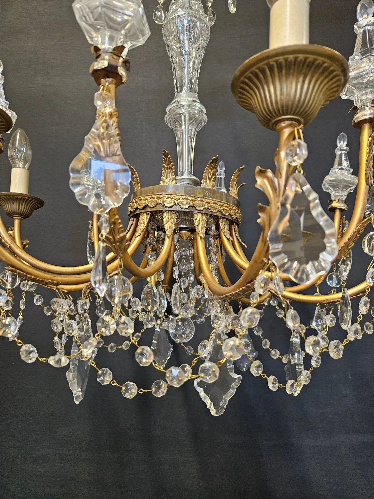 Pair of 6-Arm Brass & Glass Chandeliers CA, 1950 – view 4