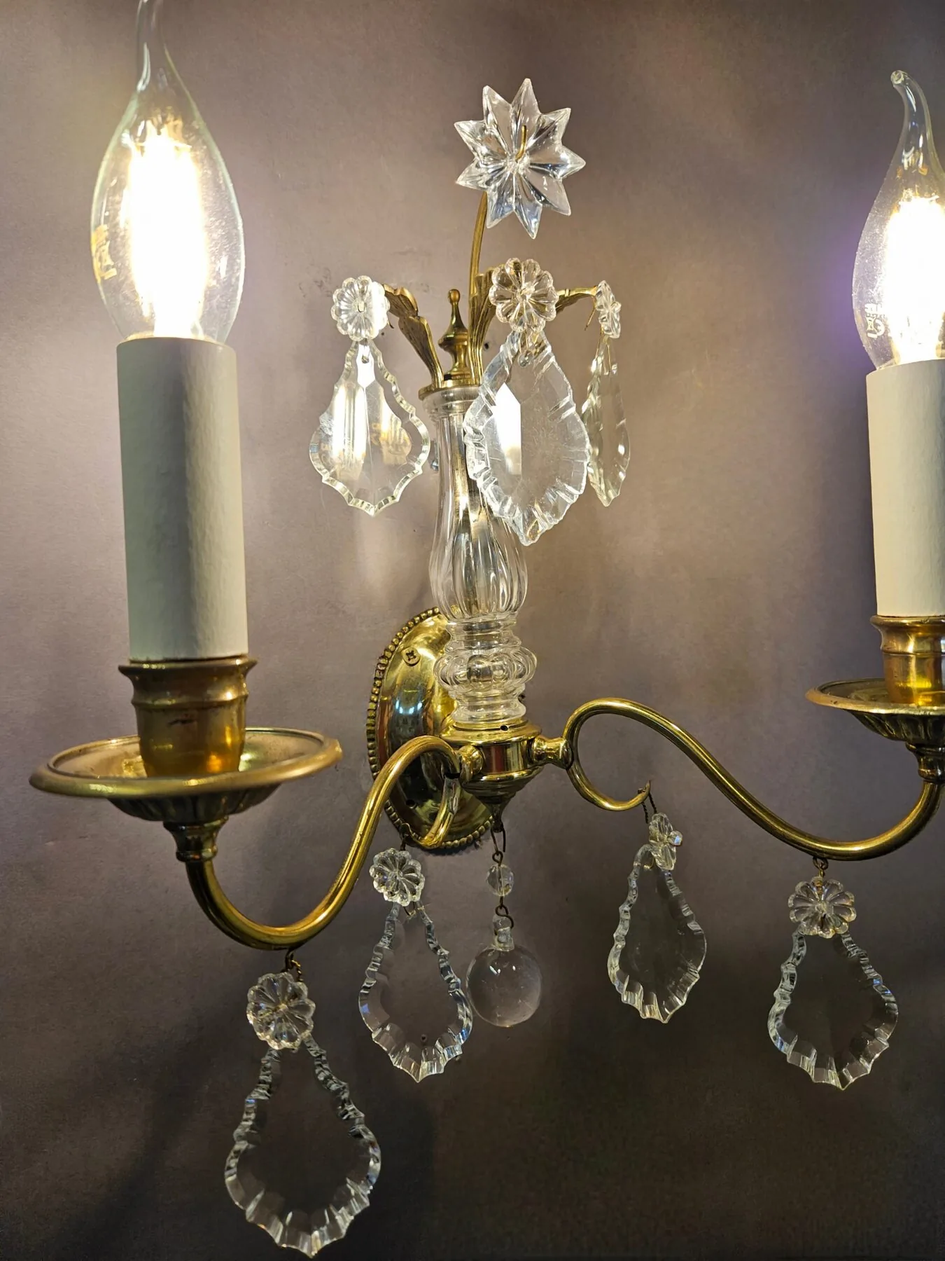 Pair Of 2-Arm French Brass & Glass Wall Lights, c. 1950 – view 5