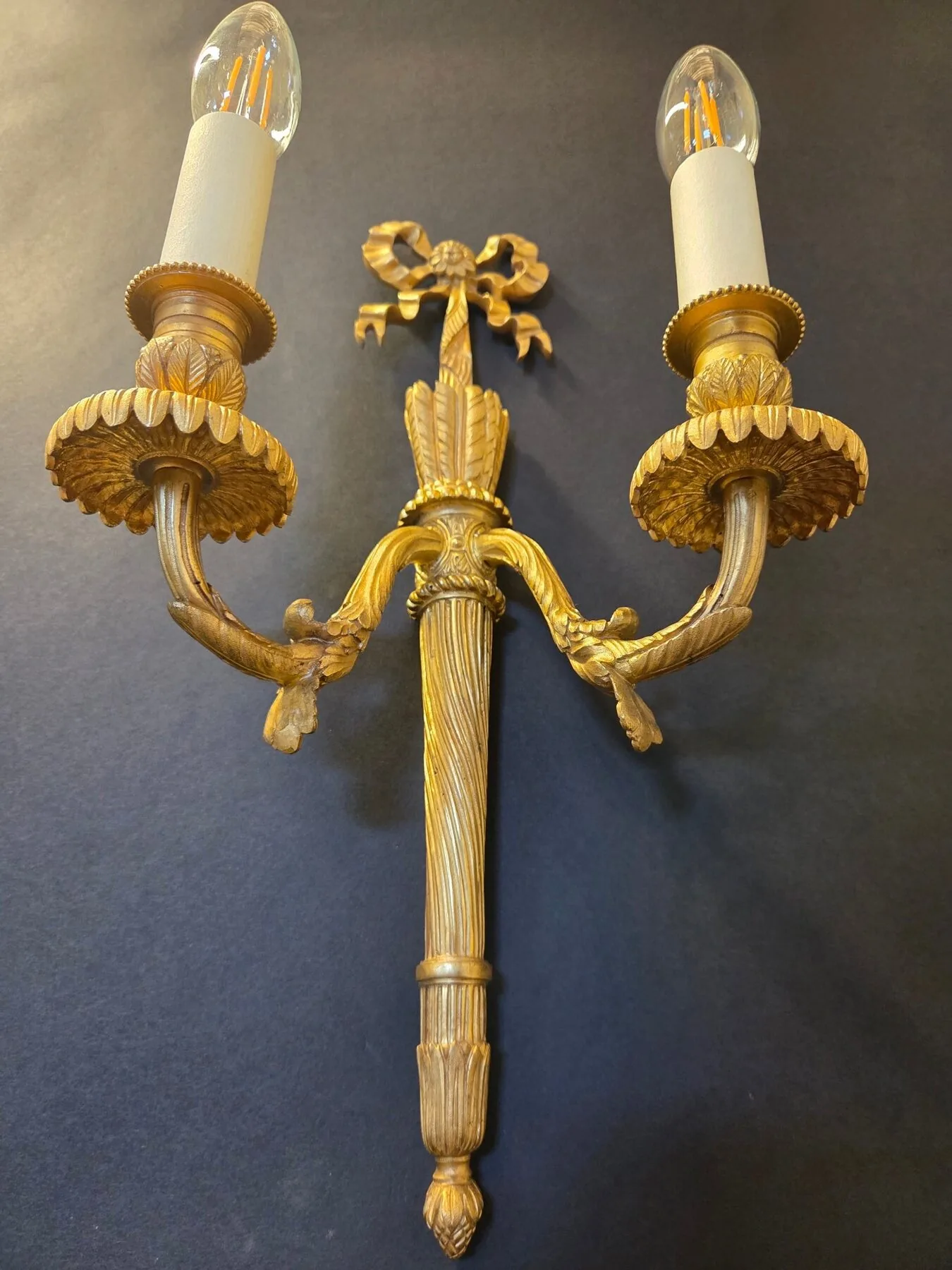 Pair Of 2-Arm Ormolu Wall Lights With Bow & Tassel, c. 1920 – view 5